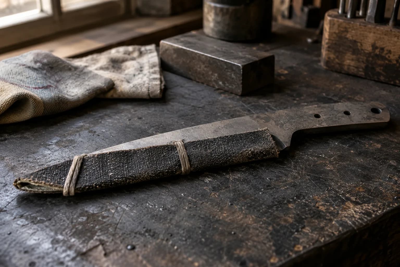 Unhandled knife blank on a bench with the cutting edge covered by a folded worn abrasive strip tied with twine