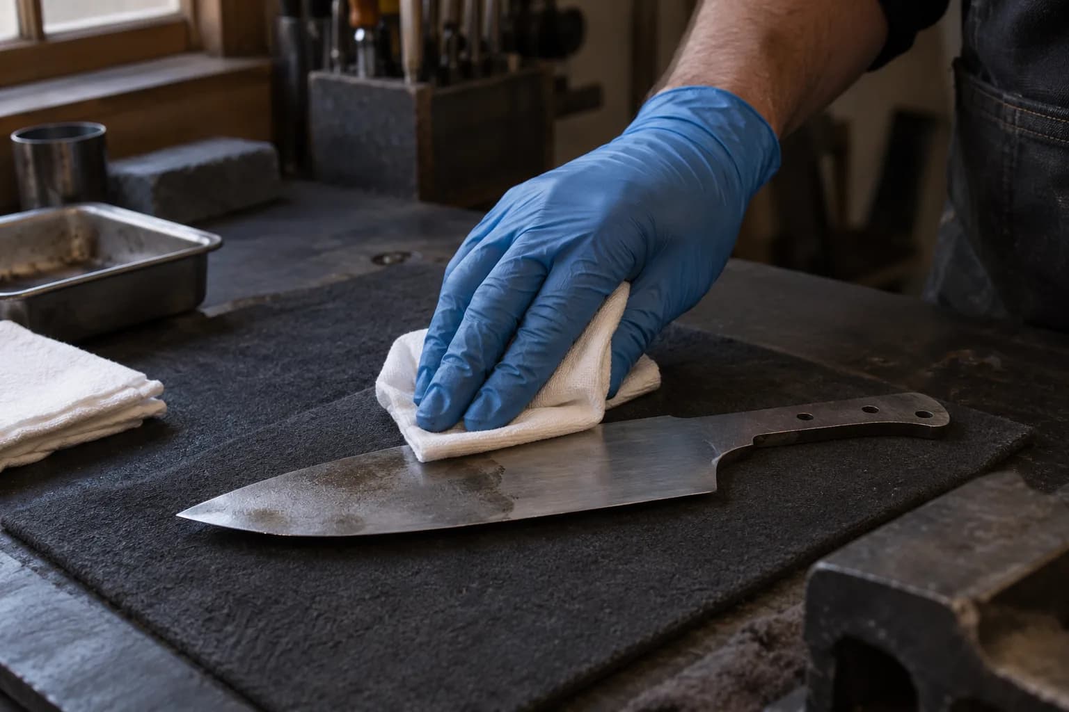 Blue nitrile-gloved hand wiping oily stains off a steel knife blank with a white cloth on a dark mat