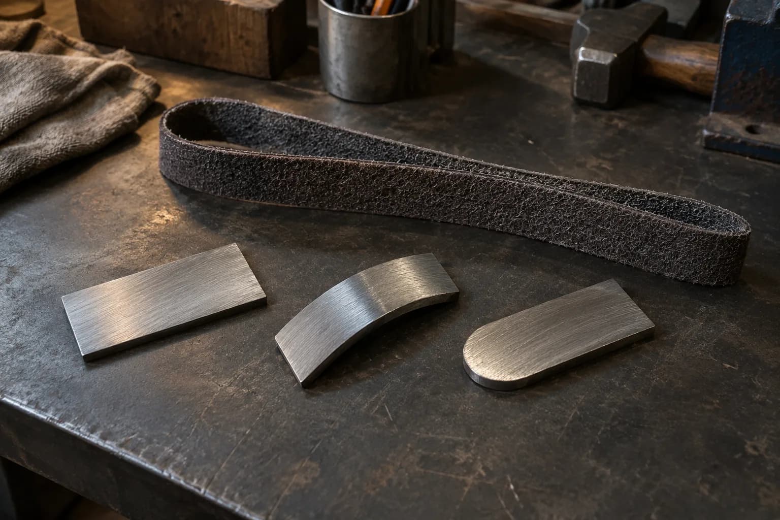 Three scrap steel pieces with fine satin scratches, one flat, one curved, one round-ended, beside a conditioning belt strip