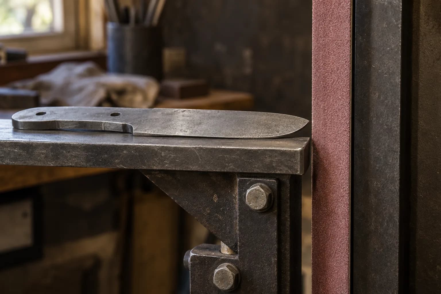 Blunt knife blank lying on a steel rest bolted to a bracket, ending just short of a vertical abrasive belt