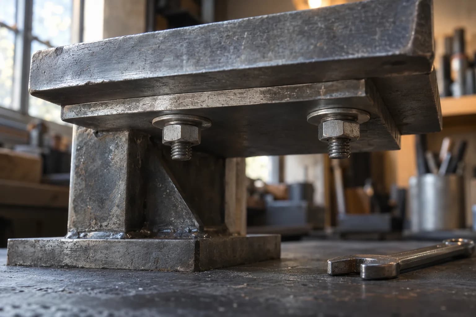 Underside of a steel rest bolted to a bracket plate on a welded post, two washers and nuts, wrench on the bench