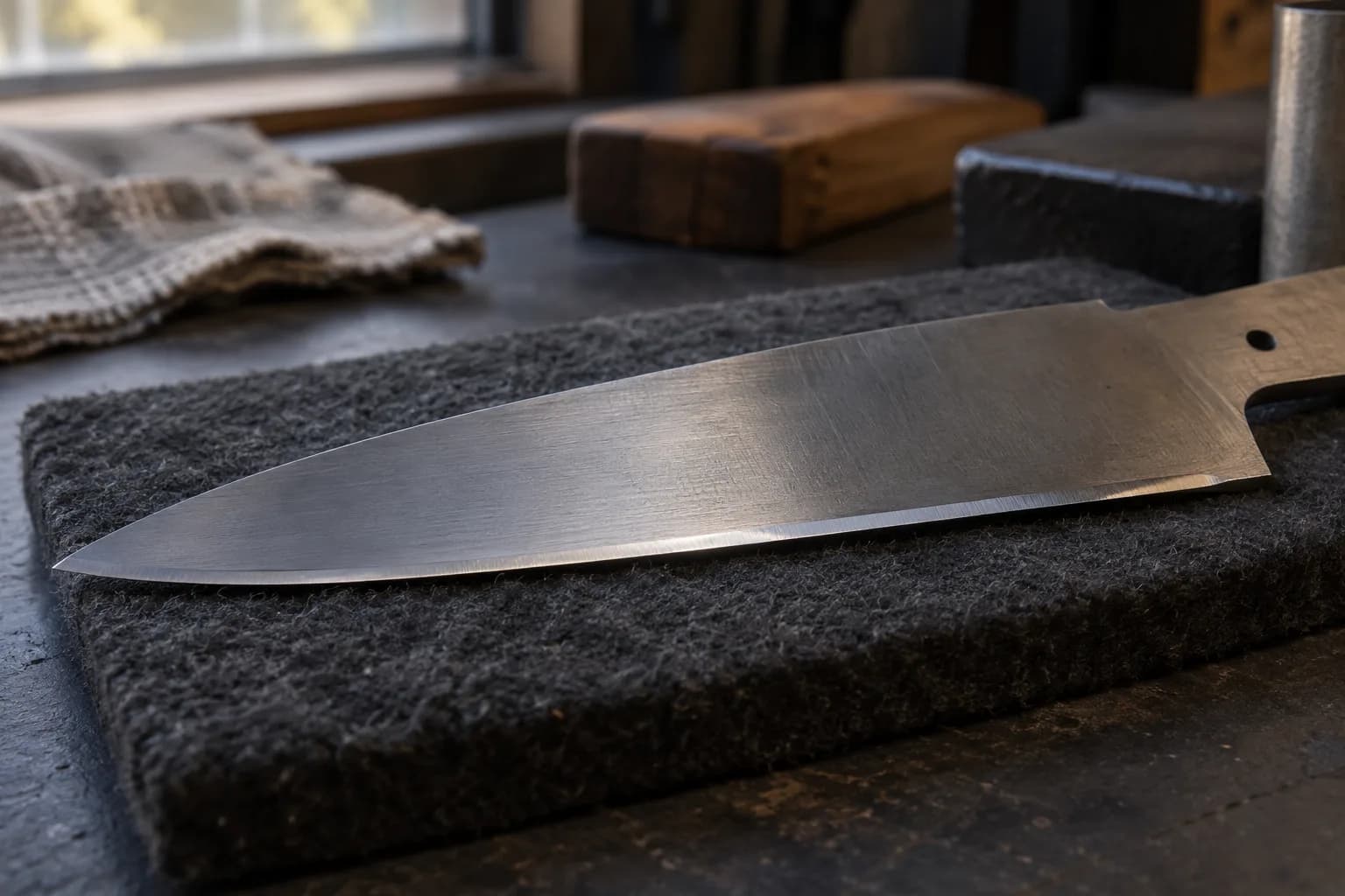 Thin knife blade resting flat on a dark felt pad, a narrow bright secondary bevel catching light along its edge