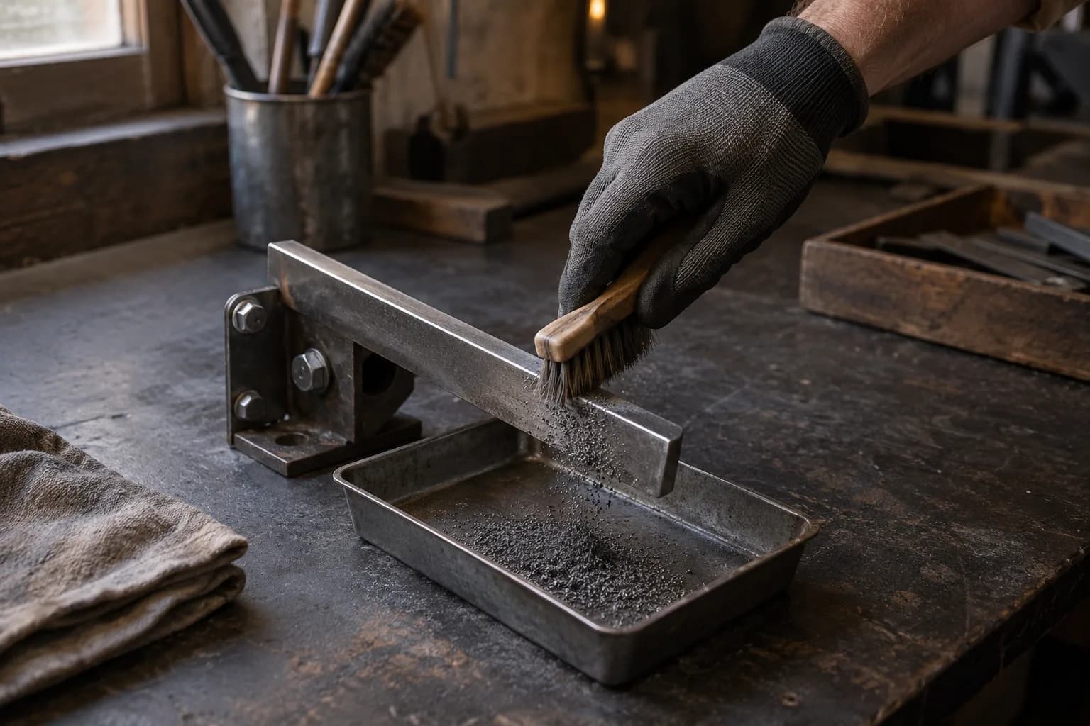 Gloved hand brushing fine grit from a steel tool rest into a metal tray on a dark workbench