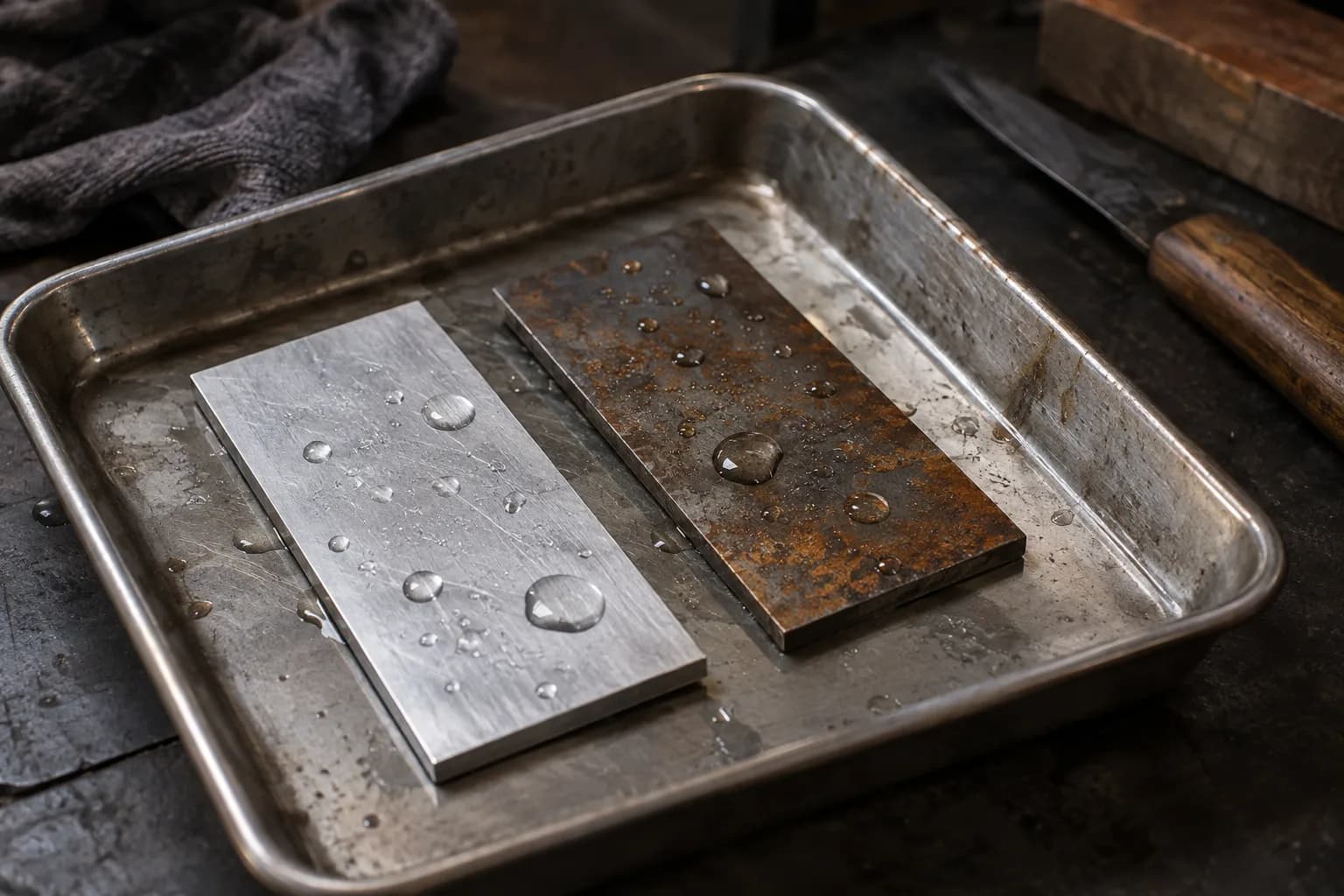 Bright aluminum plate and a rust-spotted steel plate, both beaded with water drops, in a worn steel tray on a dark bench