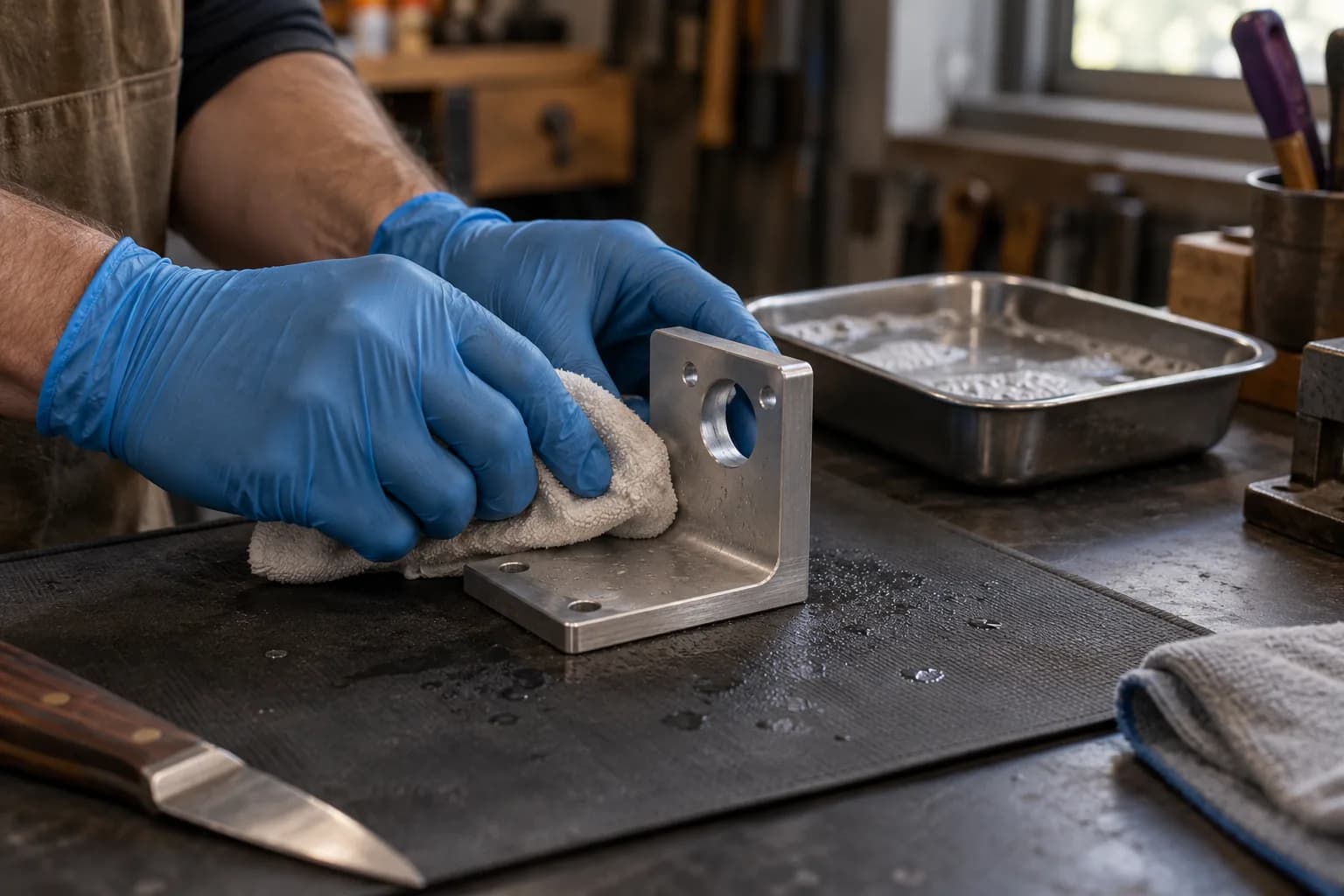 Blue-gloved hands wipe a drilled aluminum bracket with a damp cloth on a bench mat, soapy water tray behind