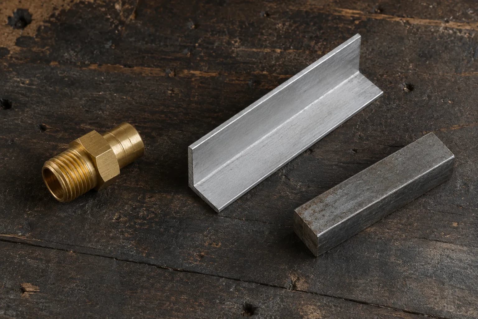 Brass threaded fitting, aluminum angle and a square steel bar laid out on a dark worn wooden workbench