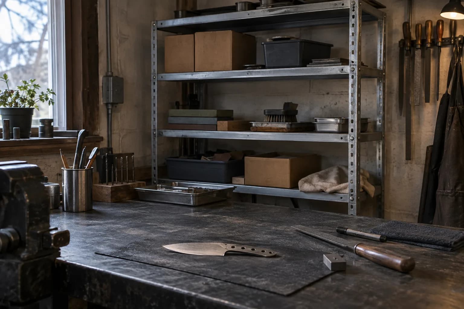 Slotted metal shelving with plain trays, brushes and unmarked boxes beside a dark knife-shop bench with a blade blank