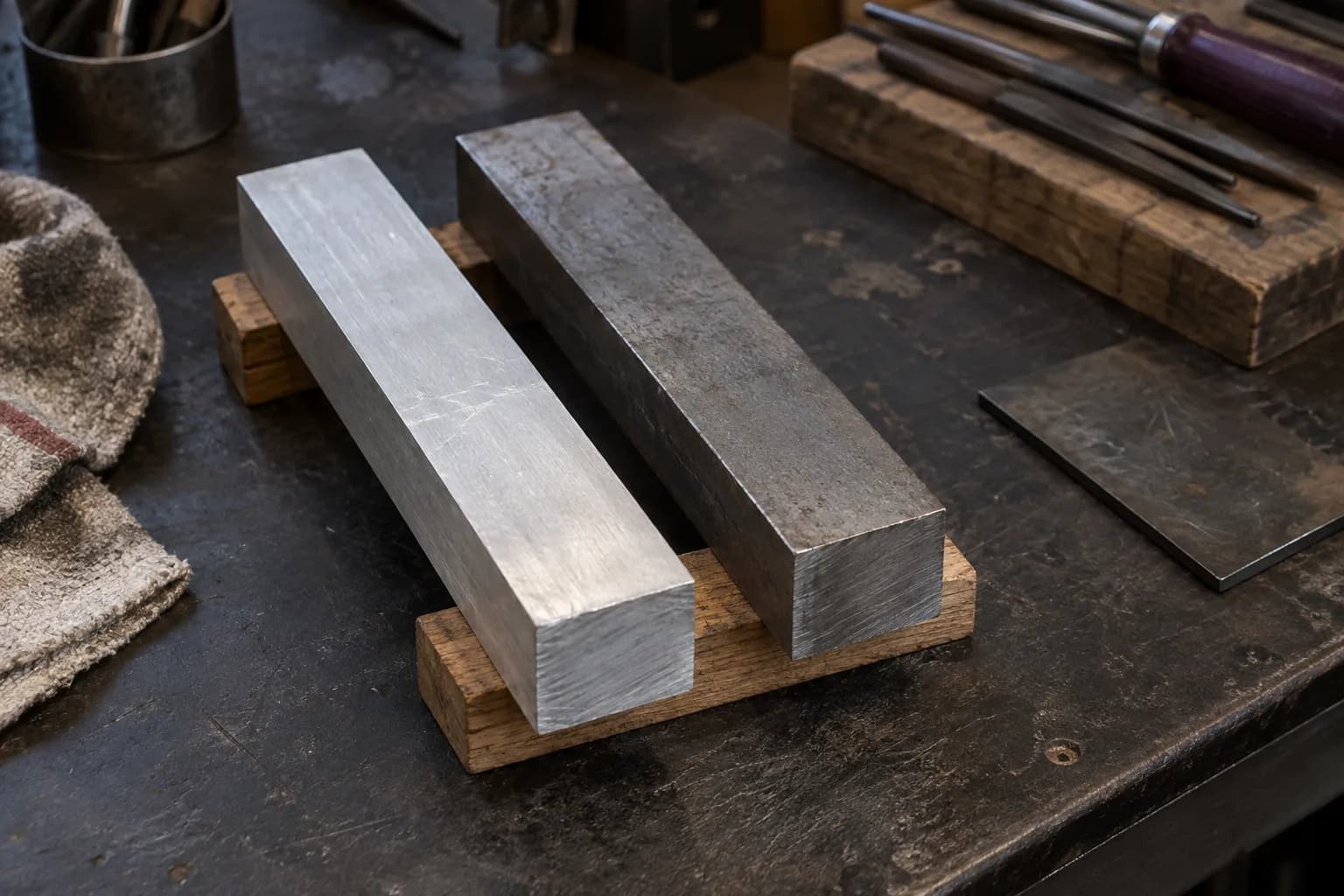 Square aluminum bar and a darker steel bar of equal size resting side by side on oak spacers on a shop bench