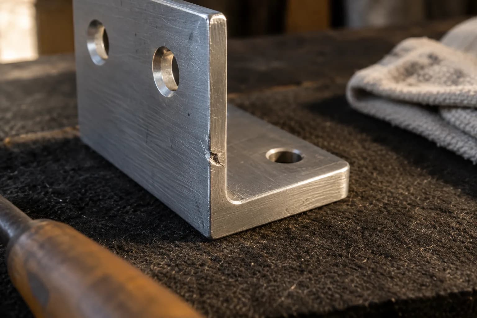 Aluminum angle bracket with a small gouge at its inner bend, beside a folded gray cloth on a felt pad