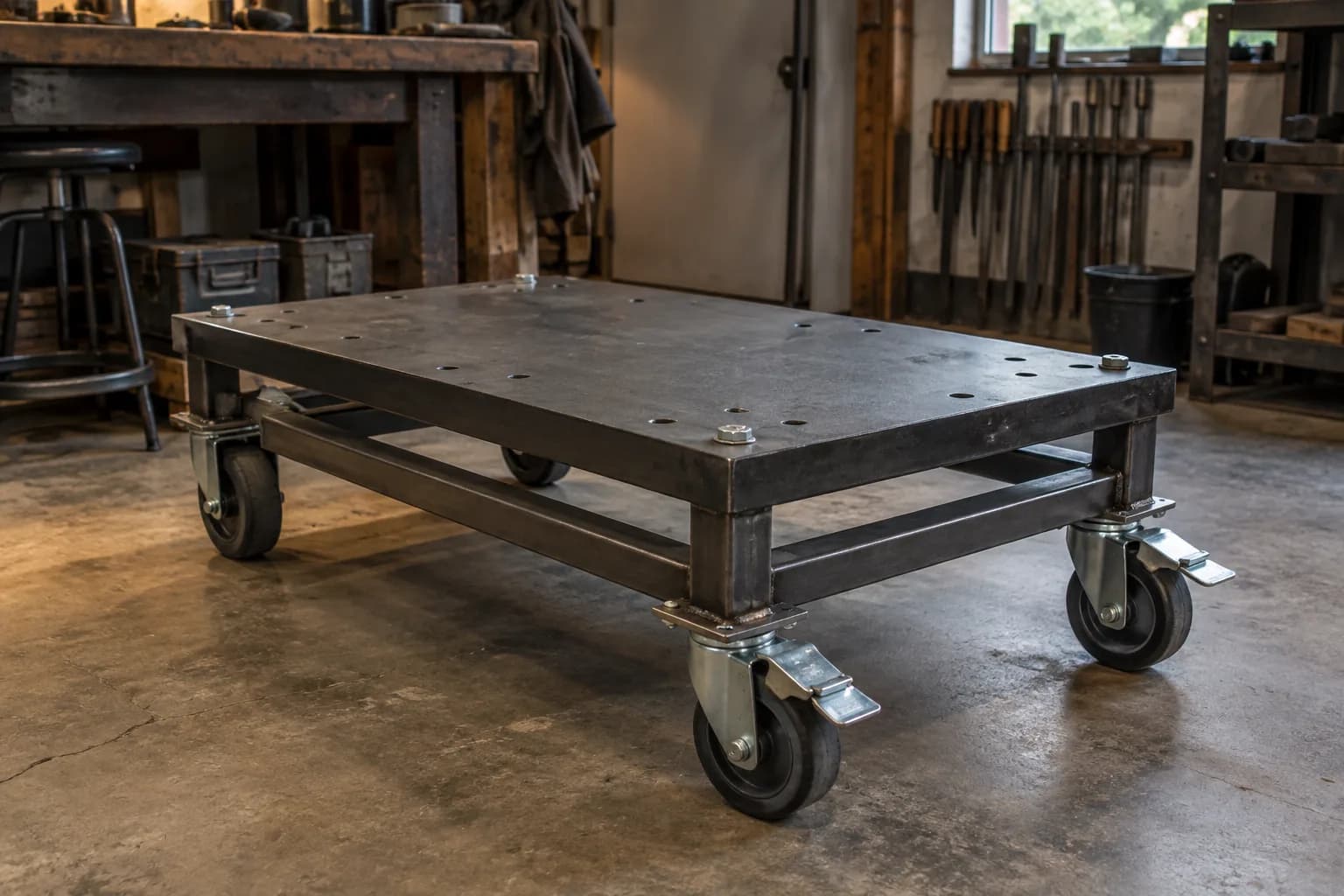 Empty steel shop cart with a thick bolted platform and swivel casters with brakes engaged, standing on a concrete floor