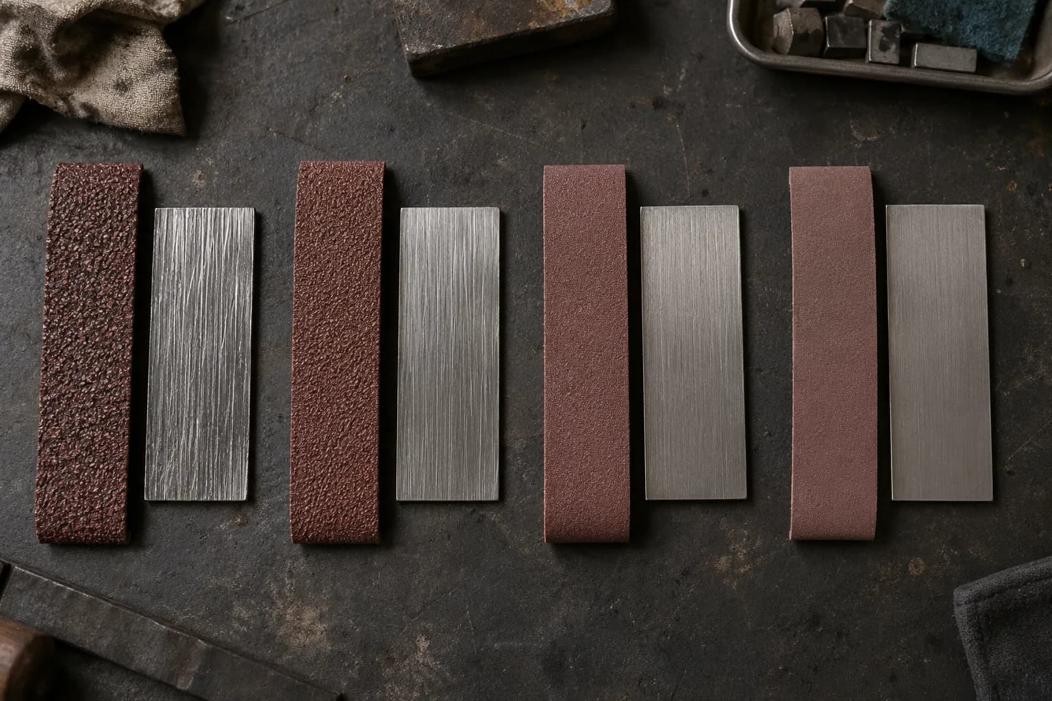 Four abrasive belt strips from coarse to fine, each beside a steel coupon with progressively finer straight scratches