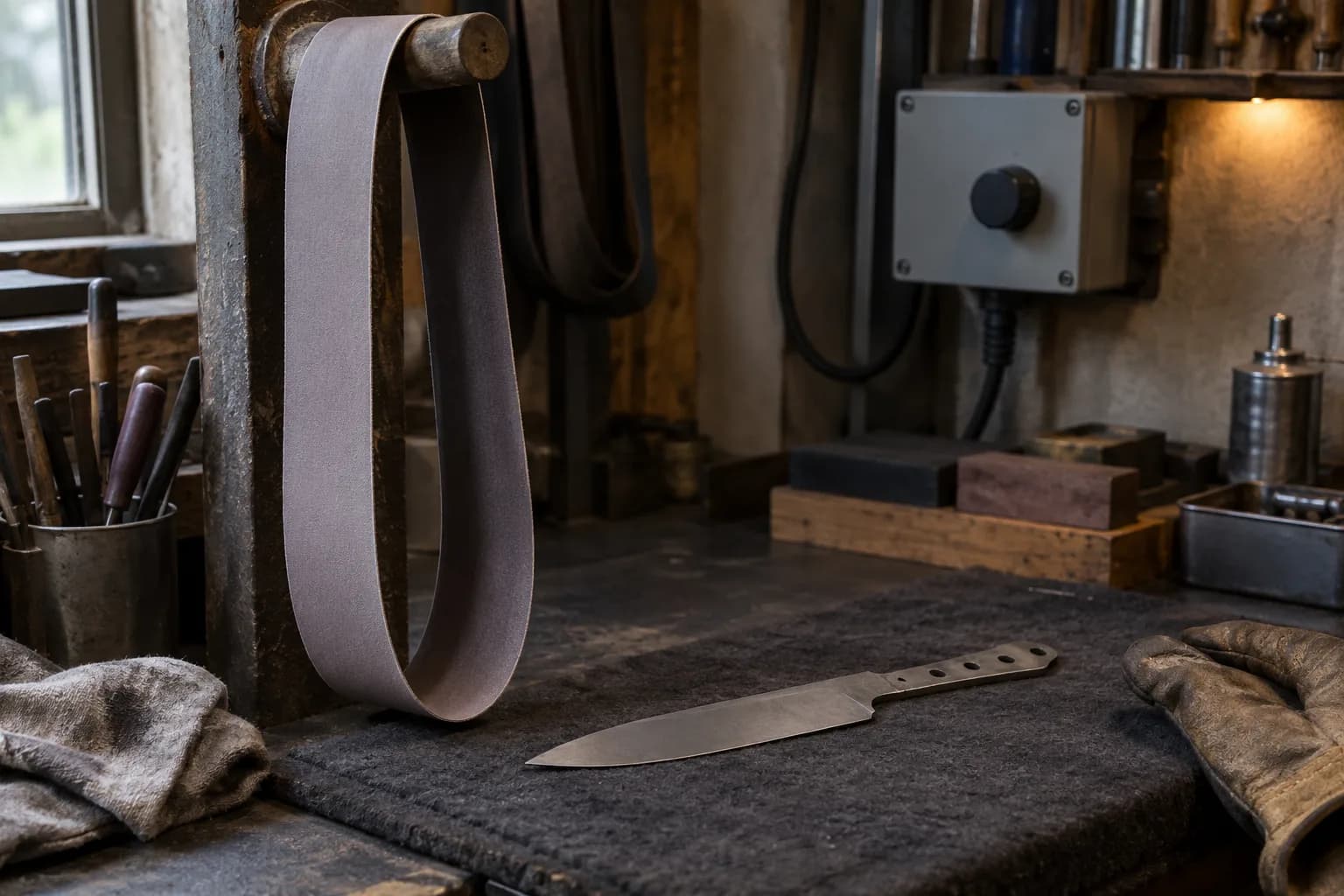 Unprinted finishing belt hanging from a peg, a thin blade blank on a felt pad, and a plain grey control box with a knob