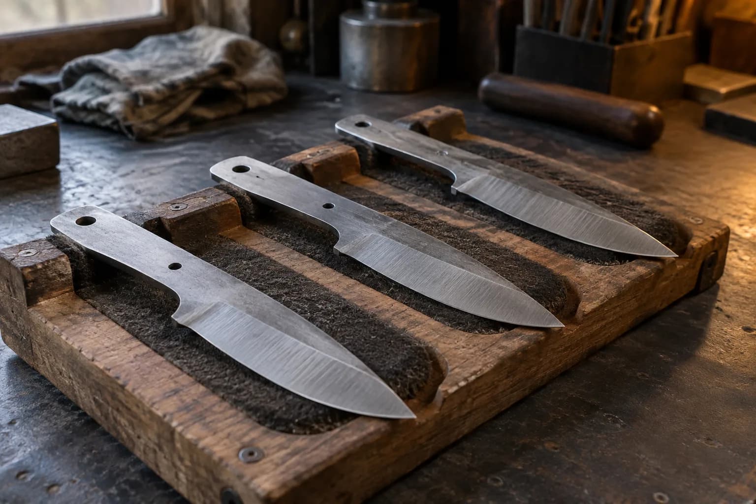 Three matching unhandled blade blanks with even grind scratches resting in padded recesses of a wooden rack