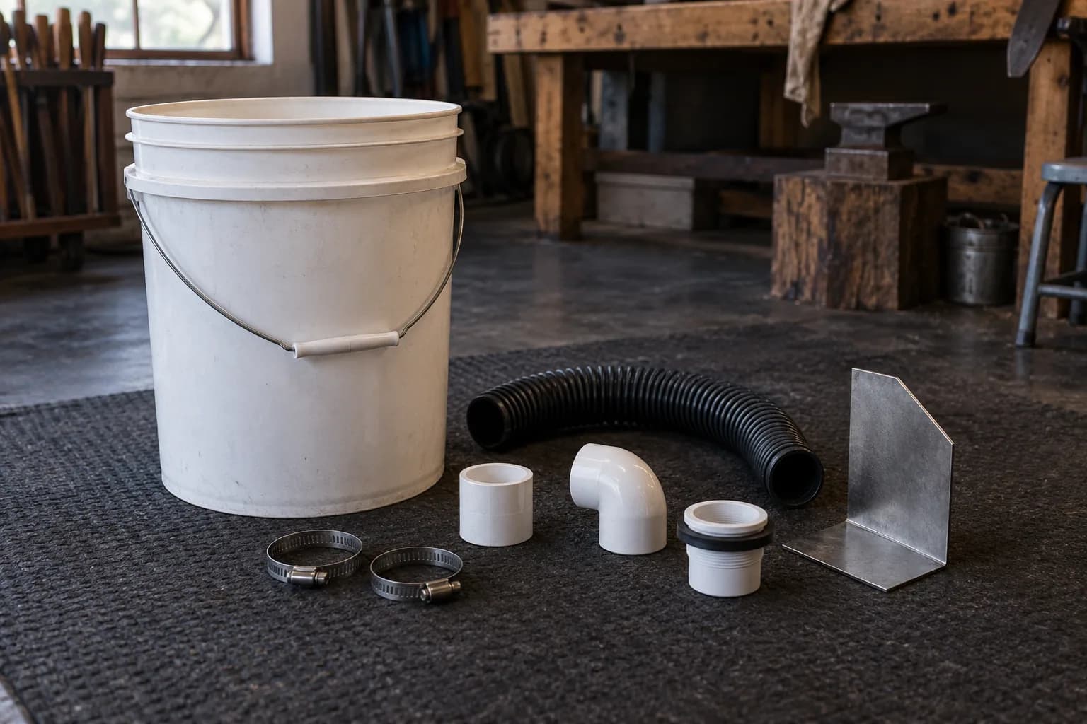 White bucket, corrugated hose, PVC fittings, hose clamps and a steel baffle plate laid out on a dark shop floor mat