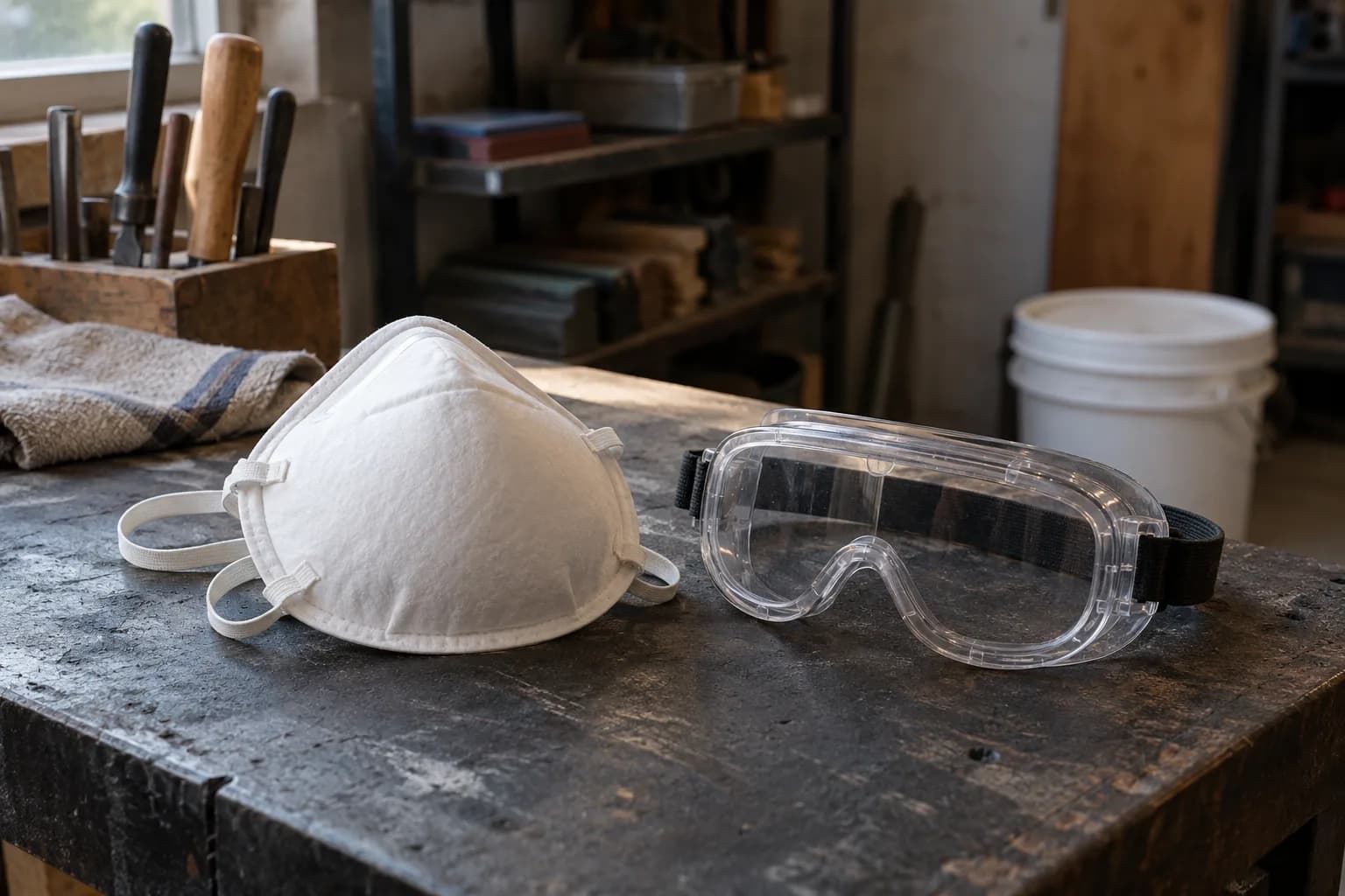 White cup-style dust respirator and clear safety goggles on a dry dark workbench, with a closed white bucket behind