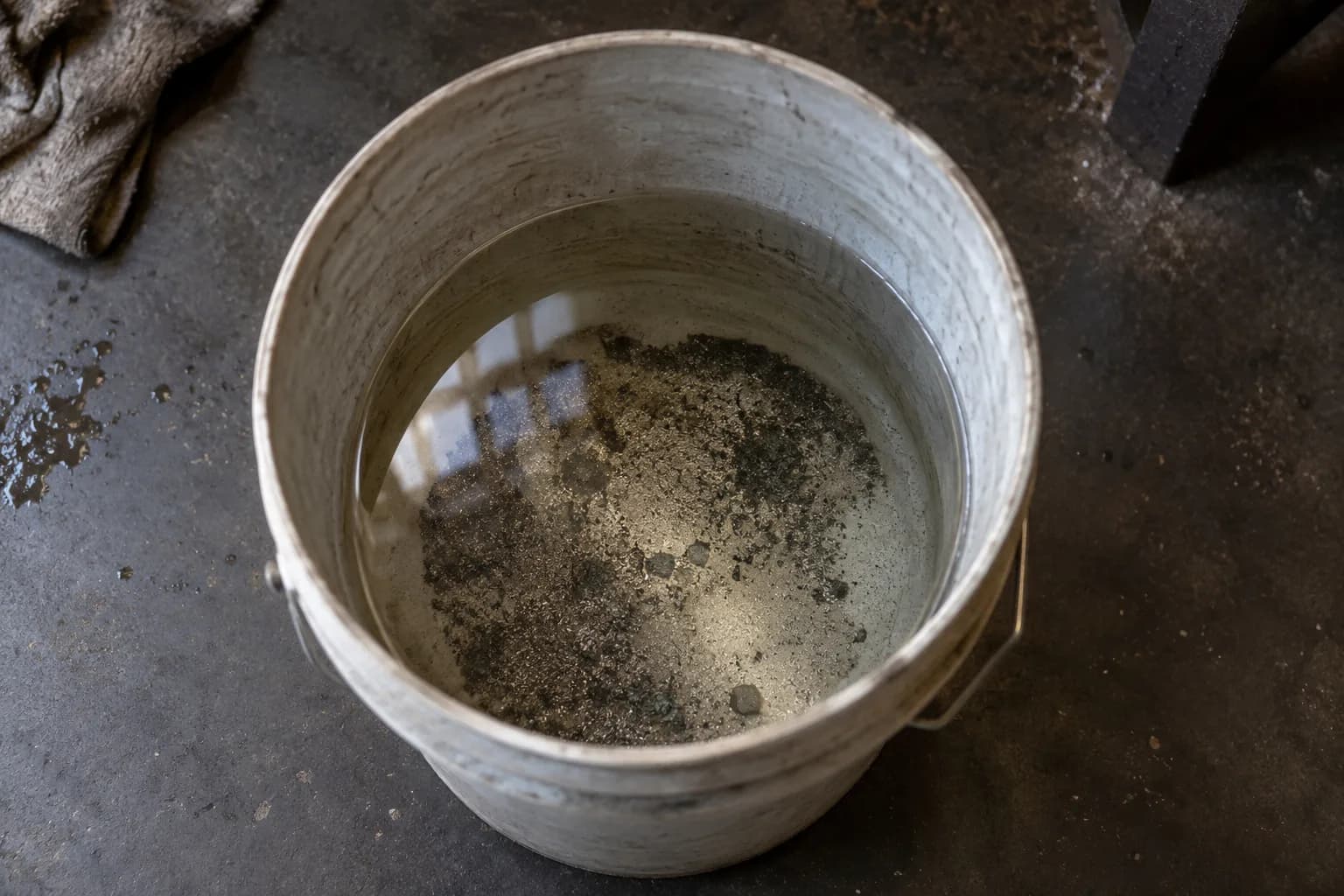 Top view of an open grey bucket with shallow water and dark metal grit settled on the bottom, window reflected on the surface