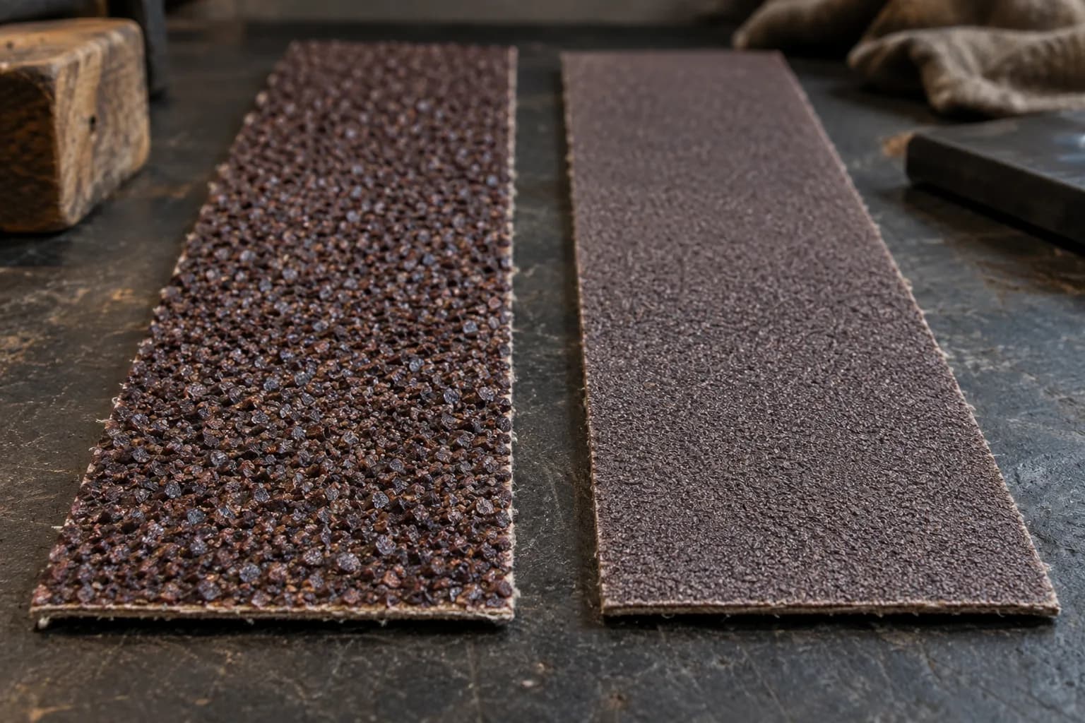 Two cut lengths of cloth-backed abrasive belt on a dark bench, coarse grit on the left and fine grit on the right