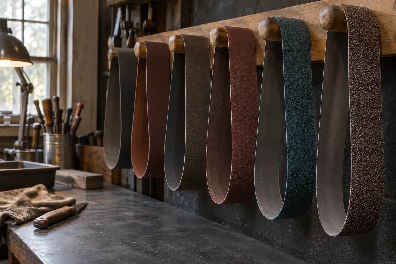 Six unprinted abrasive belt loops in different grits hanging from wooden pegs on a rail above a shop bench