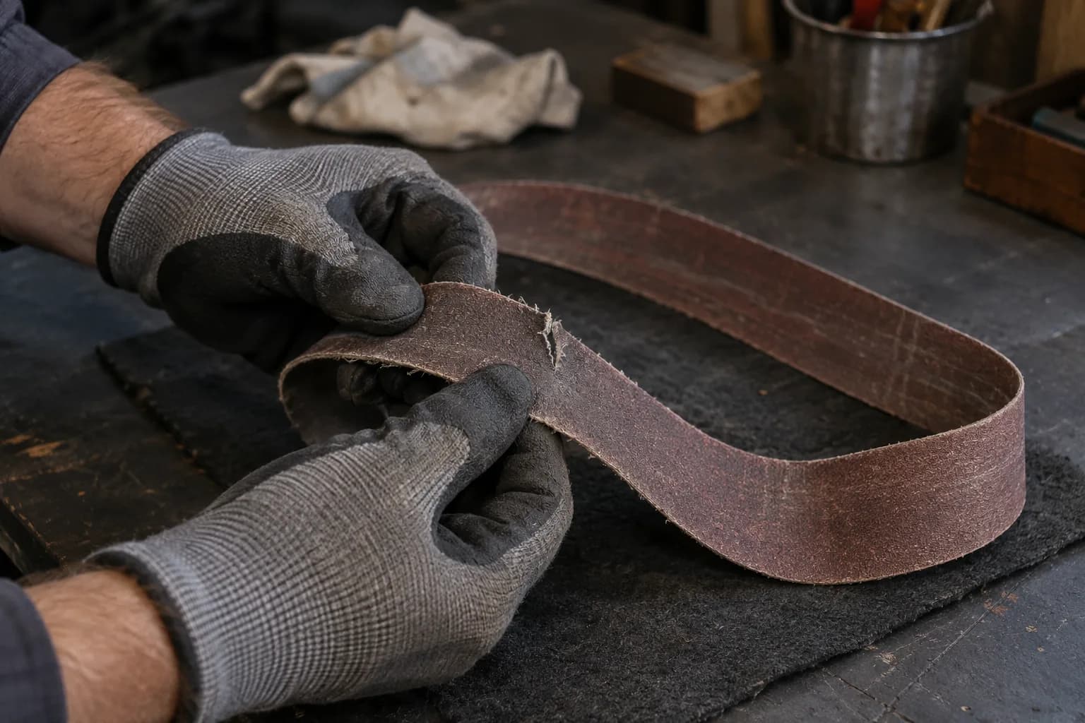 Gloved hands lift the frayed, torn edge of a worn abrasive belt resting on a dark mat on a shop bench