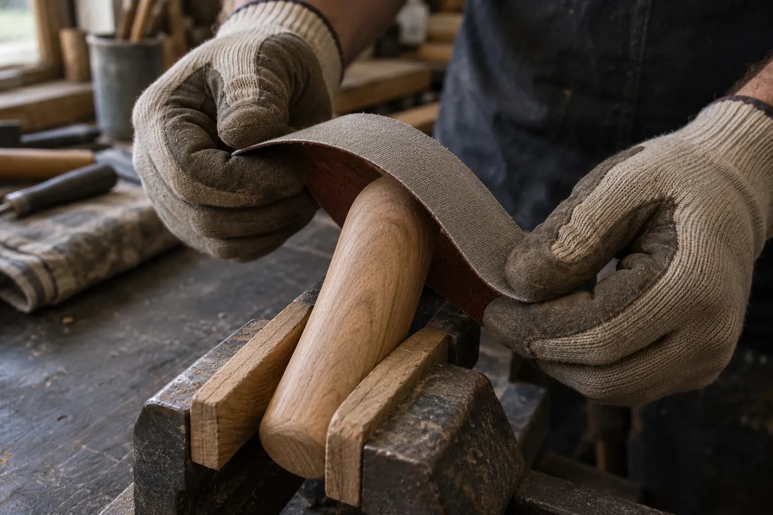 Gloved hands bend a cloth-backed abrasive strip over a rounded oak handle blank clamped in a bench vise