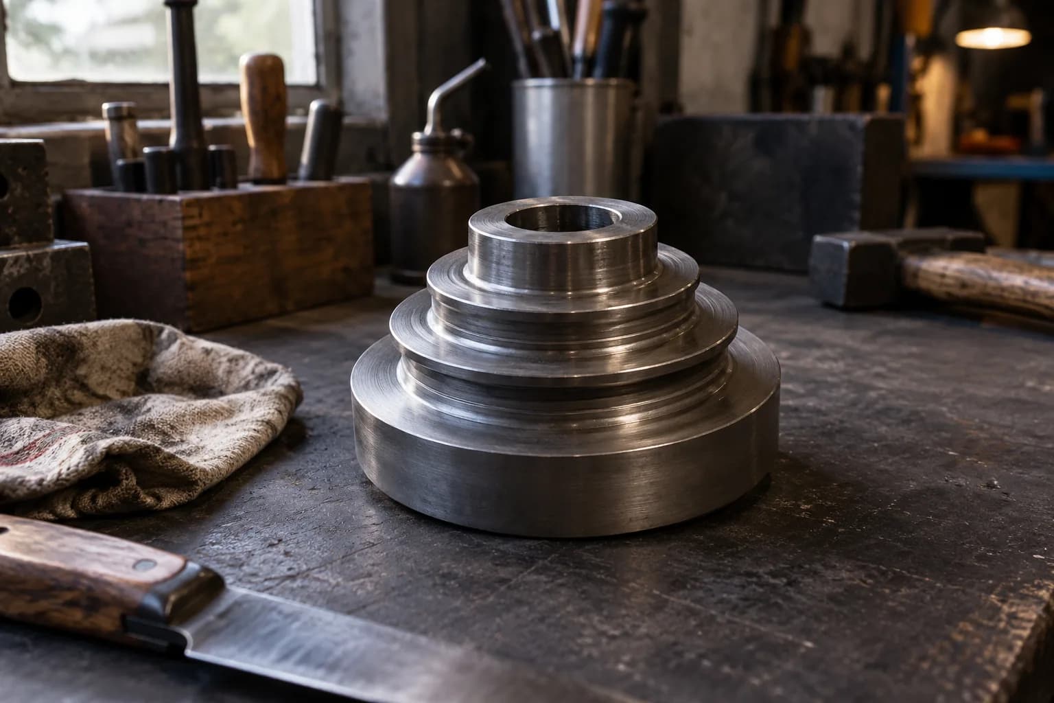 Stepped steel pulley with four diameters resting on a dark workbench beside an oil can, hammer, shop rag and a knife handle.