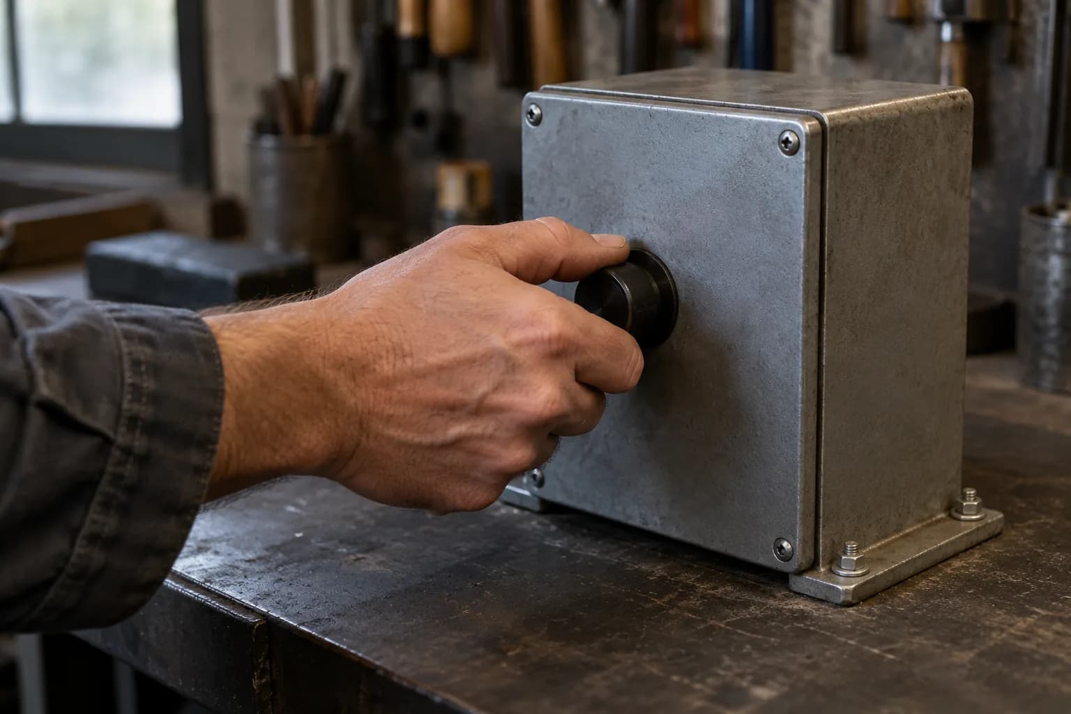 Bare hand turning a plain black knob on a closed grey steel enclosure bolted to a dark workshop bench