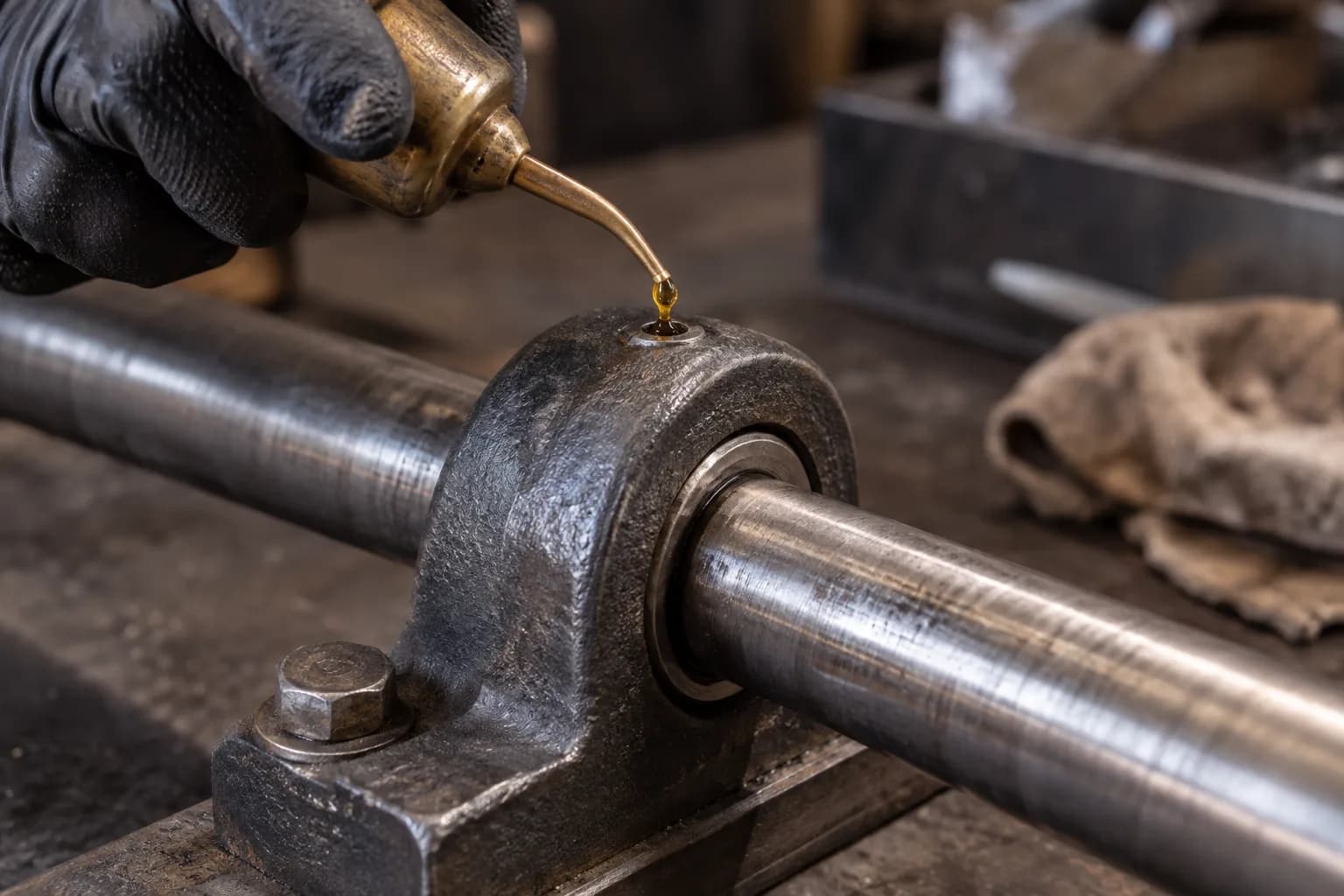 Gloved hand drops oil from a brass can into the oil hole of a cast iron pillow block bearing on a steel shaft