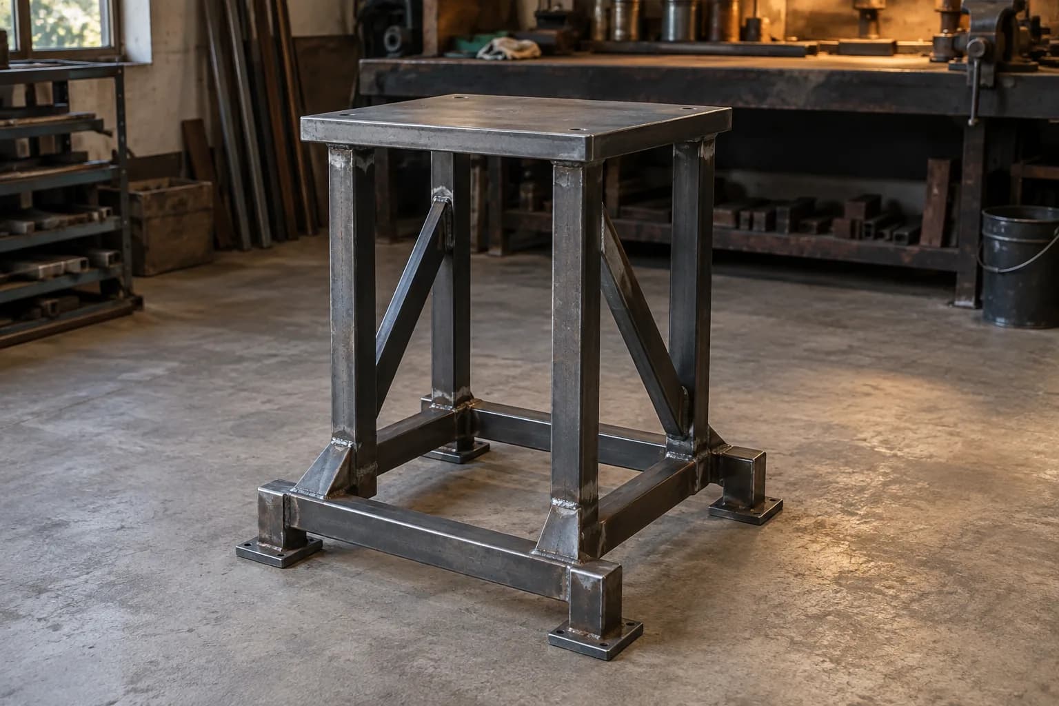 Empty welded steel stand with a thick flat top, diagonal side braces and bolted foot plates on a concrete shop floor