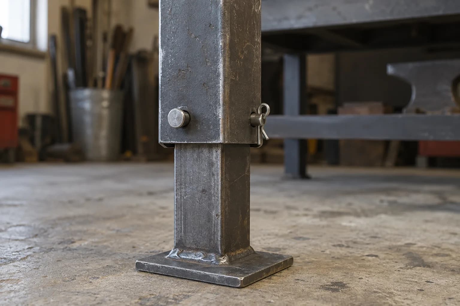 Telescoping steel stand leg: inner square tube in an outer tube, held by a cross pin with a clip, on a plate foot