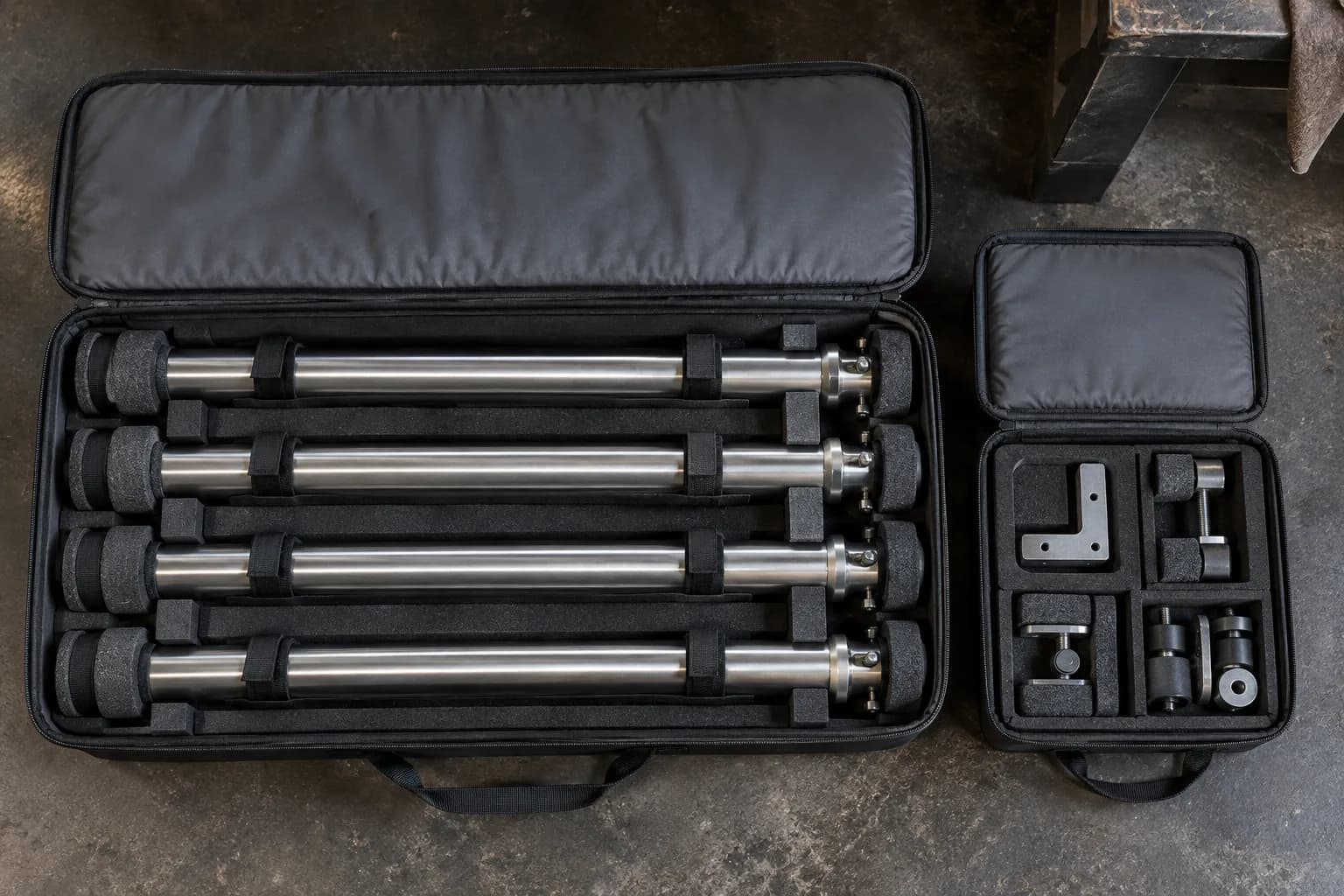 Overhead view of four metal stand legs strapped in a padded case beside a smaller case of brackets and clamps