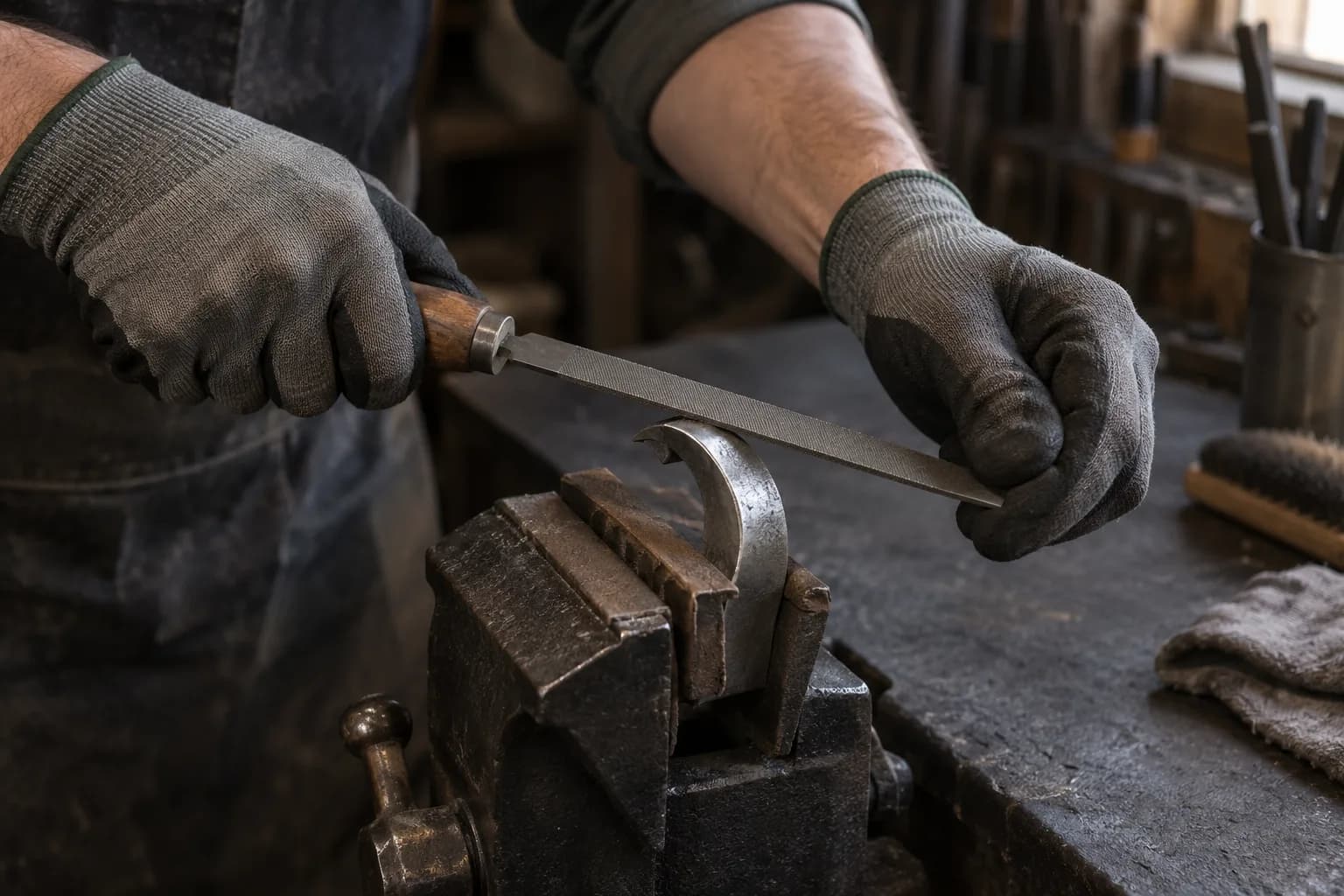 Gloved hands filing the curve of a small hook-shaped steel piece clamped in a heavy bench vise