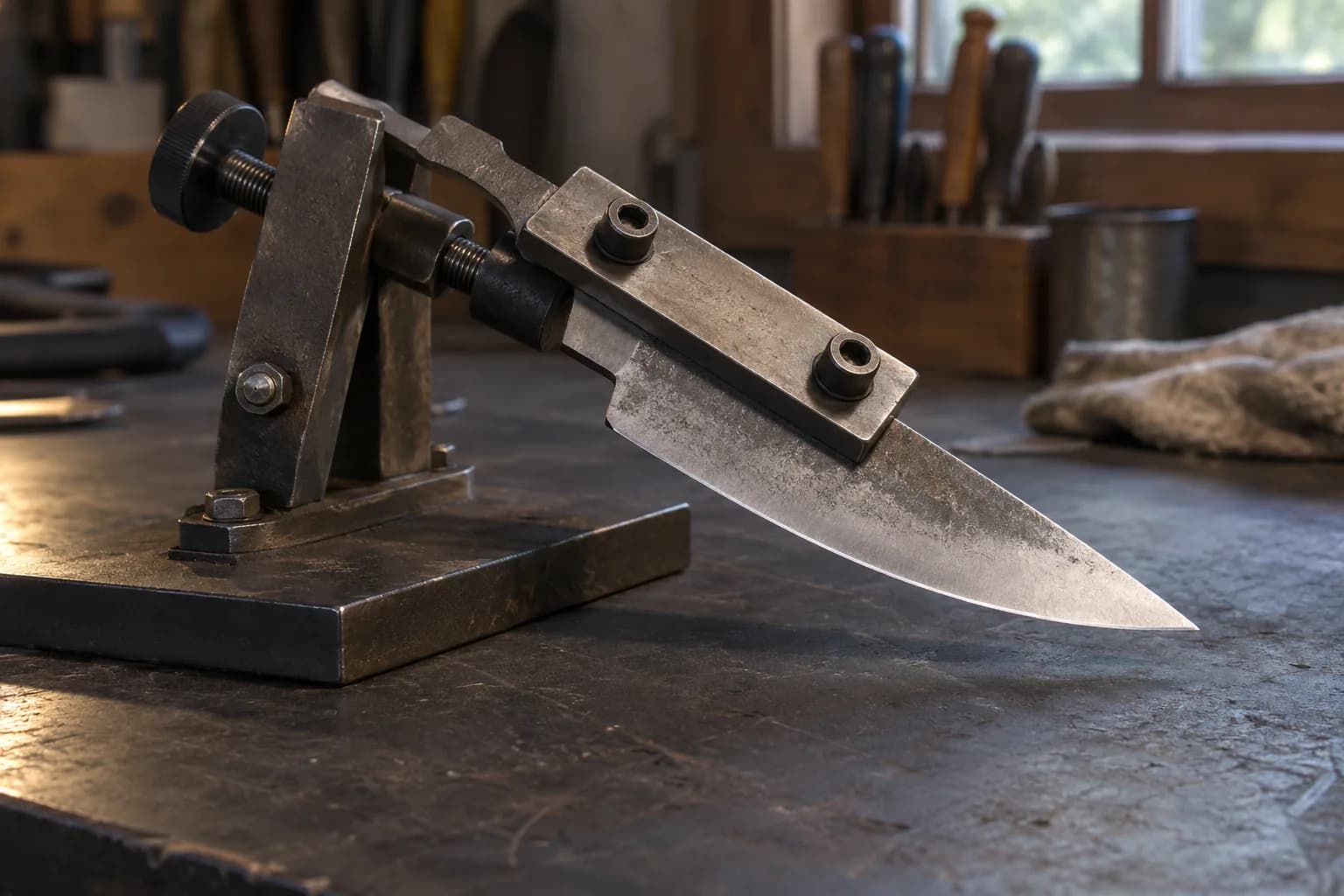 Knife blade clamped flat in a plain steel bench jig that holds it tilted, edge angled down toward a dark workbench