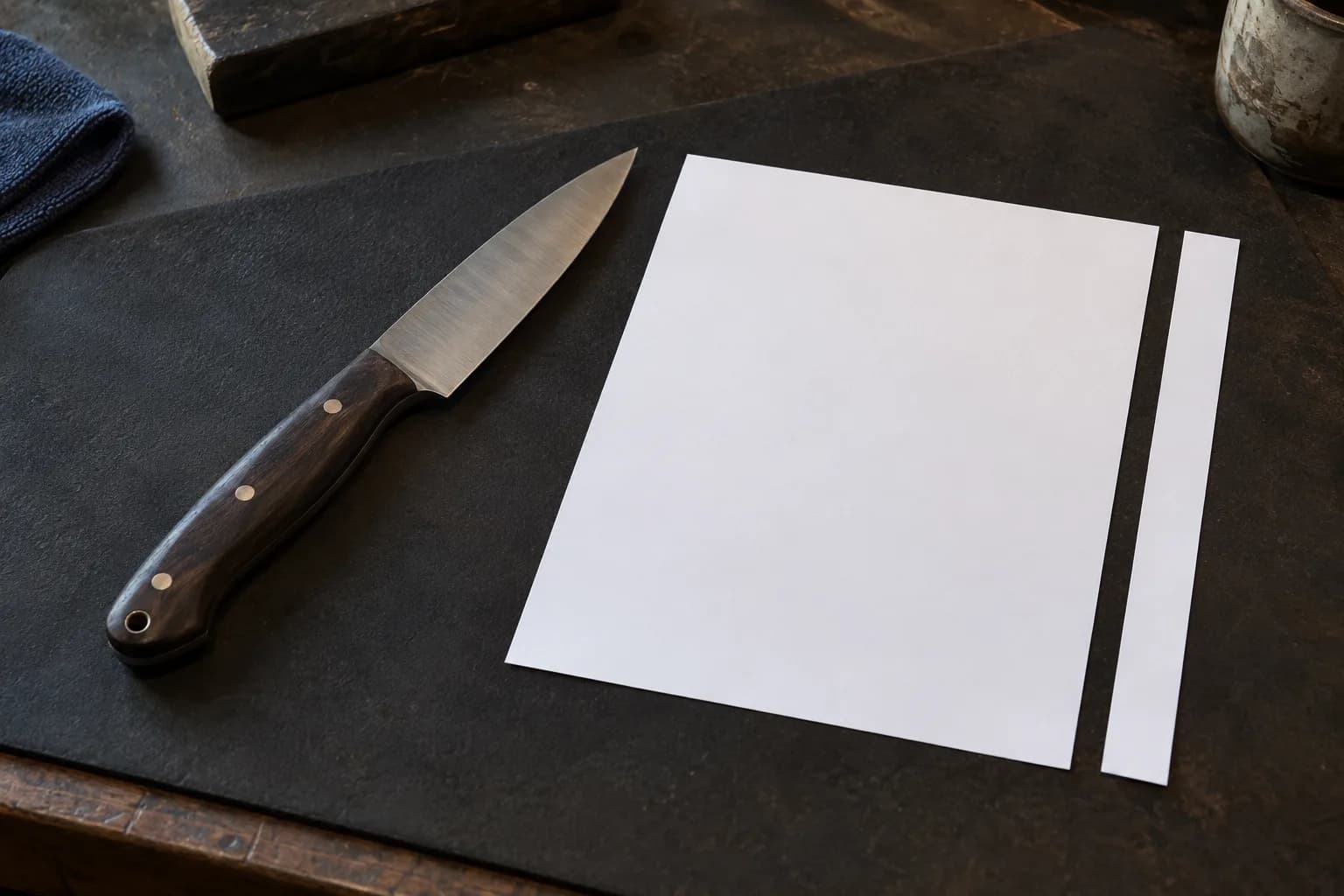 Finished knife with dark wood handle lying flat on a black pad beside a blank sheet of paper and a separate cut strip.
