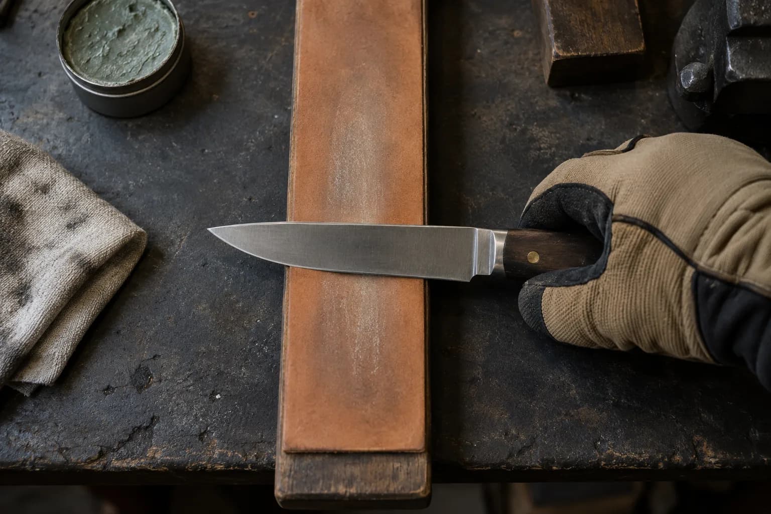 Overhead view of a knife laid across a leather paddle strop with light compound streaks, a gloved hand on the handle