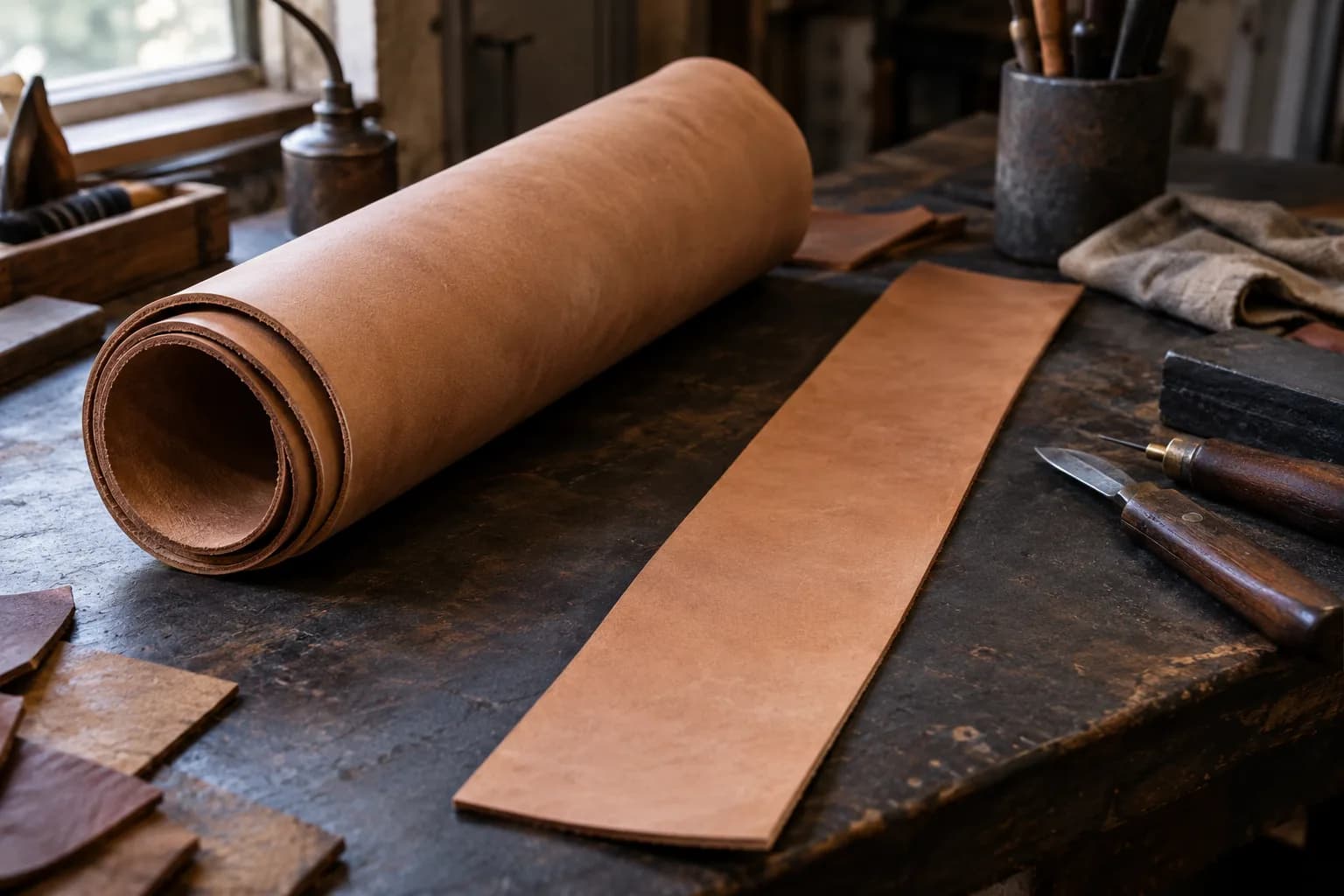 Roll of natural vegetable-tanned leather beside a flat cut strip on a dark workbench with scraps and hand tools