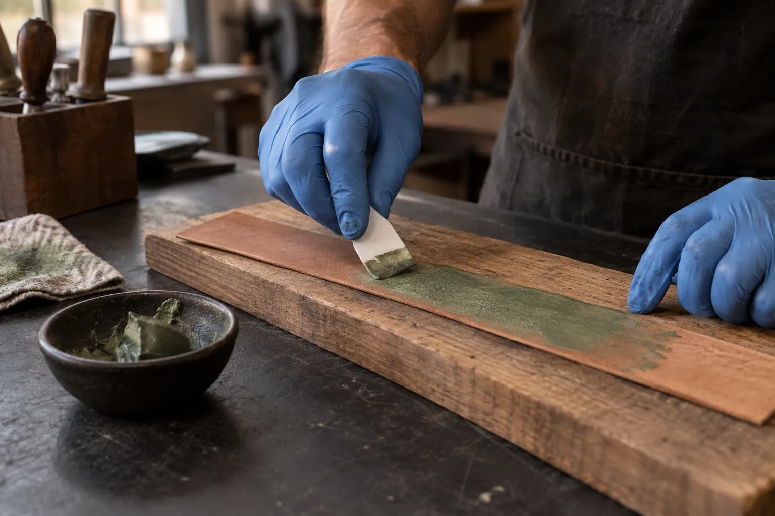 Blue-gloved hand spreading green compound on a leather strip lying on a wooden board, with a bowl of compound beside it