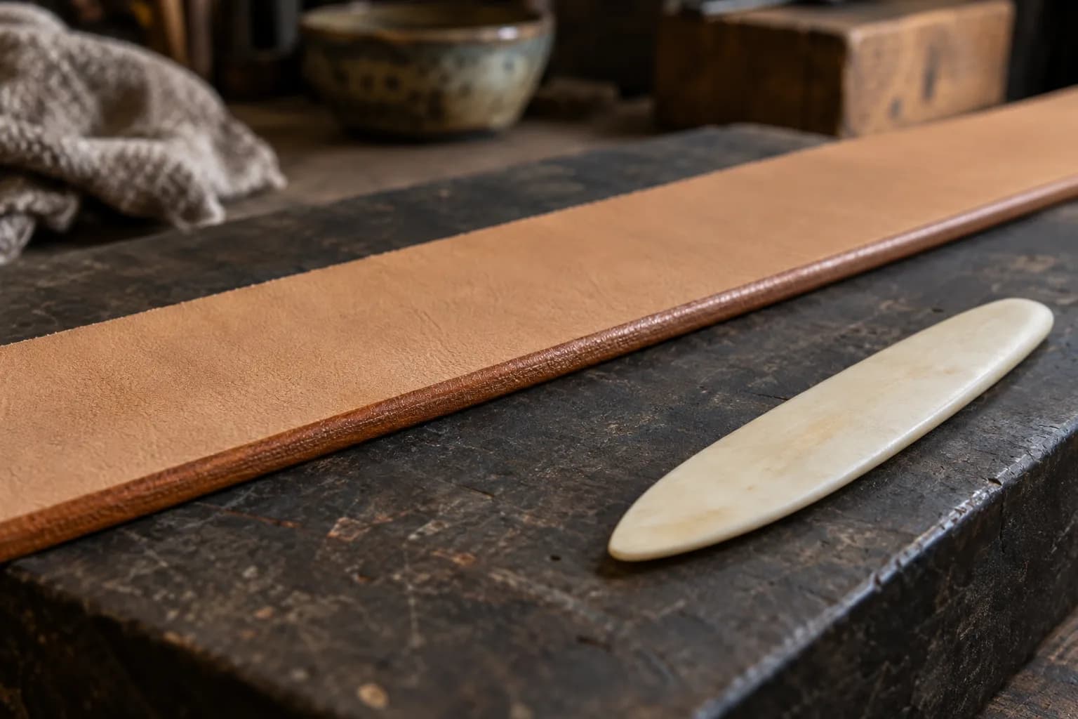 Close side view of a tan leather strip with a smooth, rounded, darkened edge beside a pale bone folder on a worn bench.