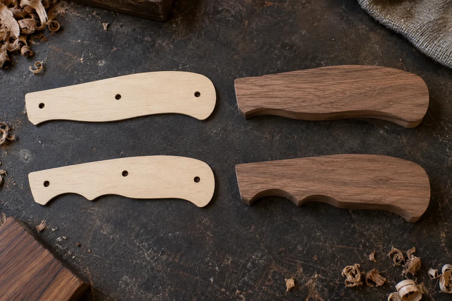 Two beech handle templates with pin holes beside matching walnut blanks, one with a gentle swell, one with finger grooves