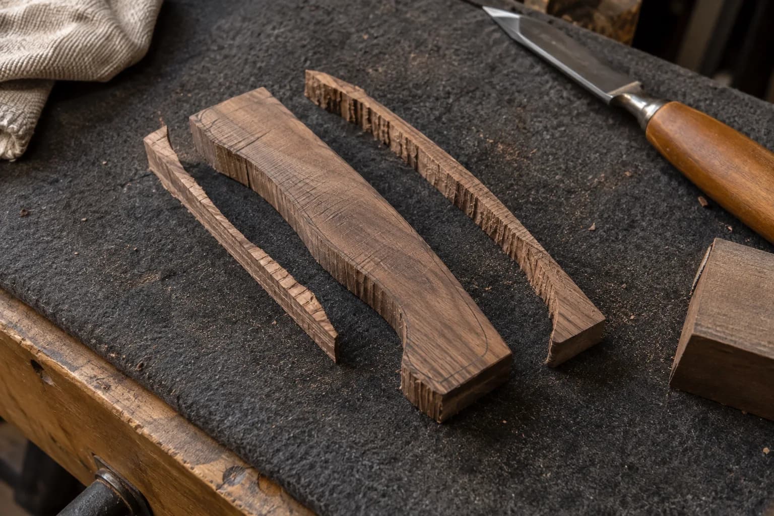 Rough-cut walnut handle blank with saw marks between two curved offcuts on a dark bench pad, a chisel at the edge