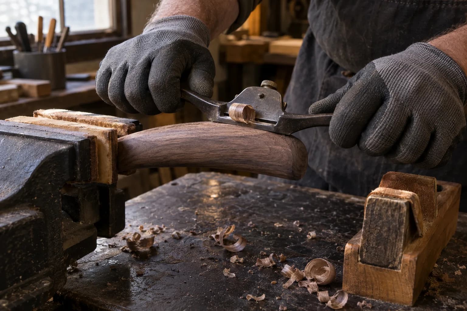 Gloved hands pull a spokeshave along a rounded walnut handle blank clamped in padded vise jaws, shavings on the bench