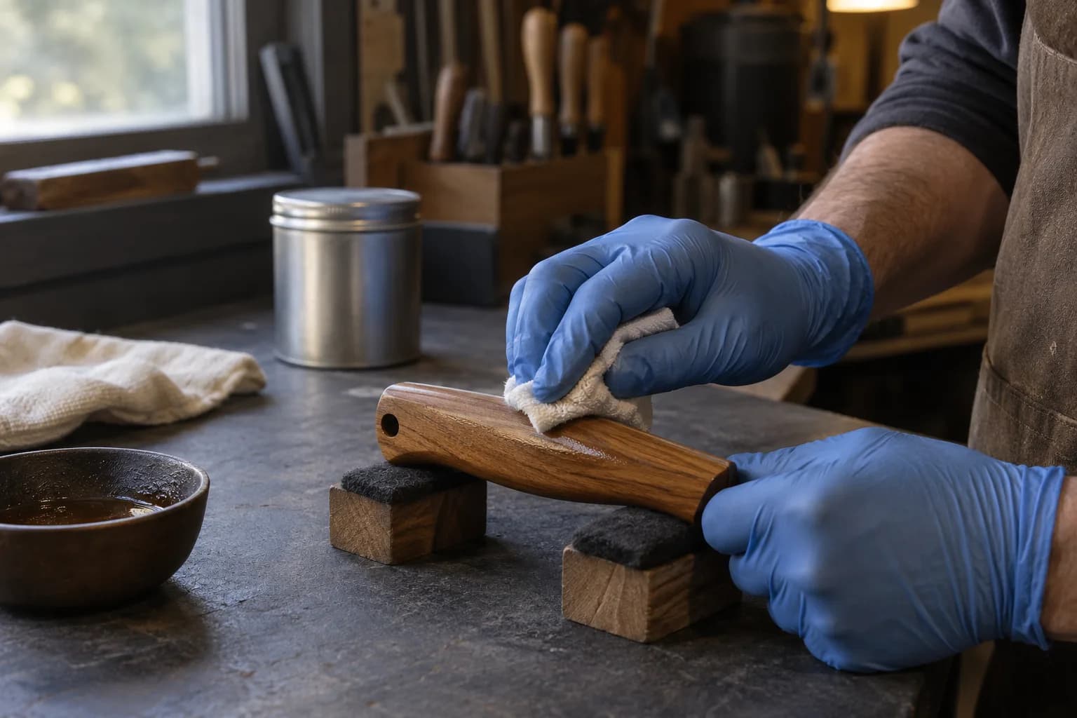 Blue-gloved hand wipes a thin glossy finish with a cloth onto a walnut handle resting on padded blocks beside a bowl and tin