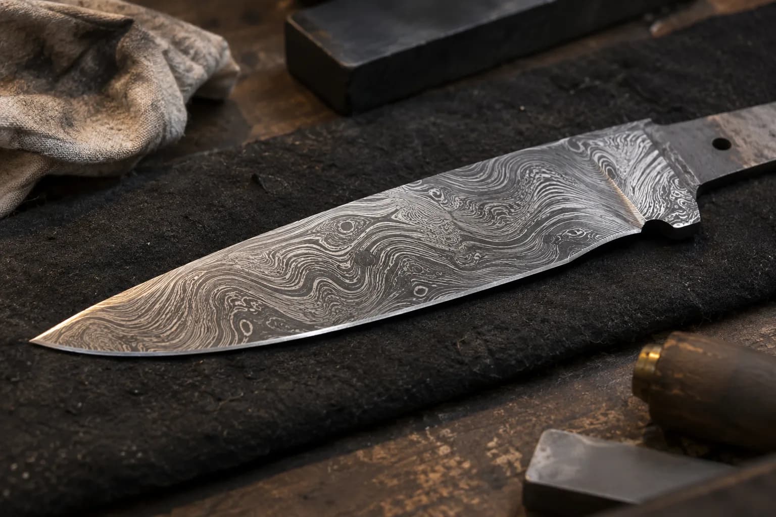 Etched Damascus knife blade lying on black felt, bright silver layers against darker valleys in raking light