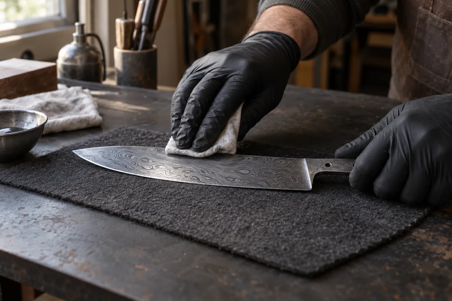 Gloved hand polishing an etched Damascus chef's blade with a cloth while the other gloved hand holds the tang on a mat