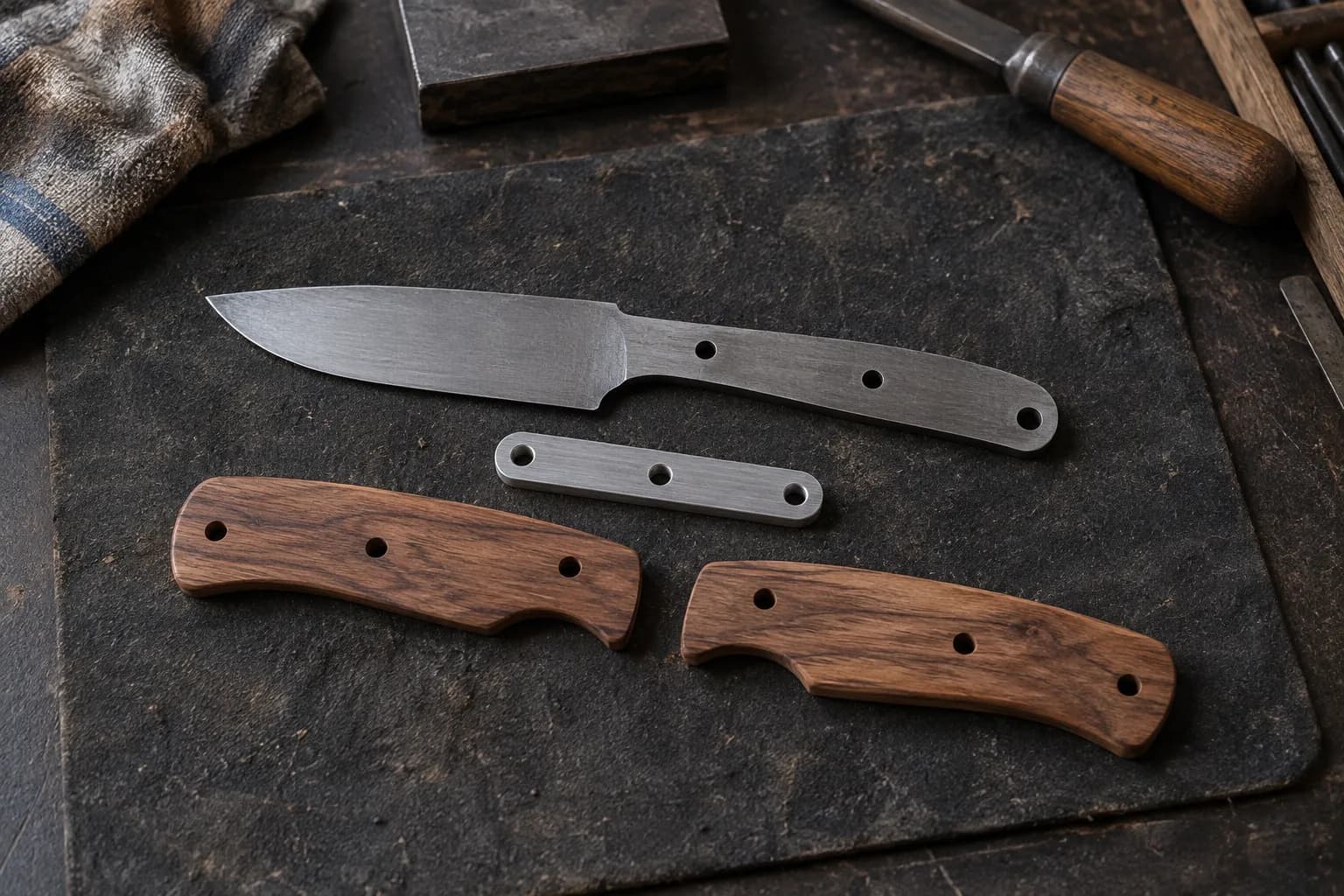 Steel knife blank, aluminum spacer and two shaped walnut handle scales laid out on a worn charcoal mat.