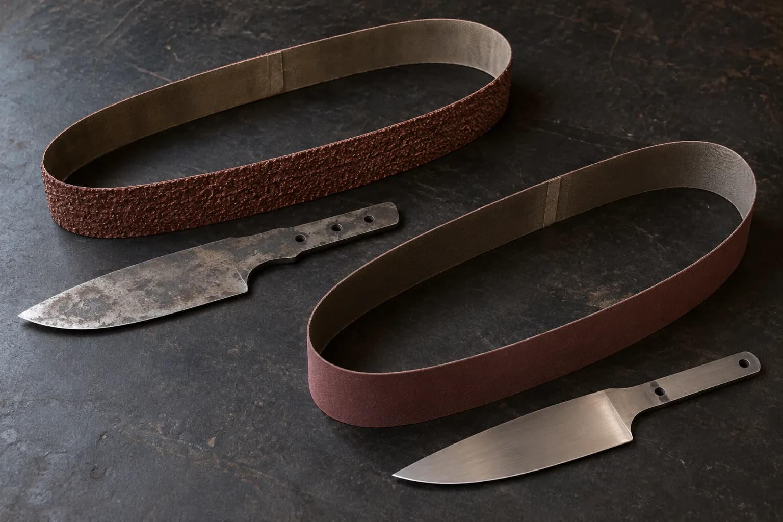 Coarse and fine abrasive belt loops, each beside a rough forged blank or a satin-finished blade, on a dark bench.