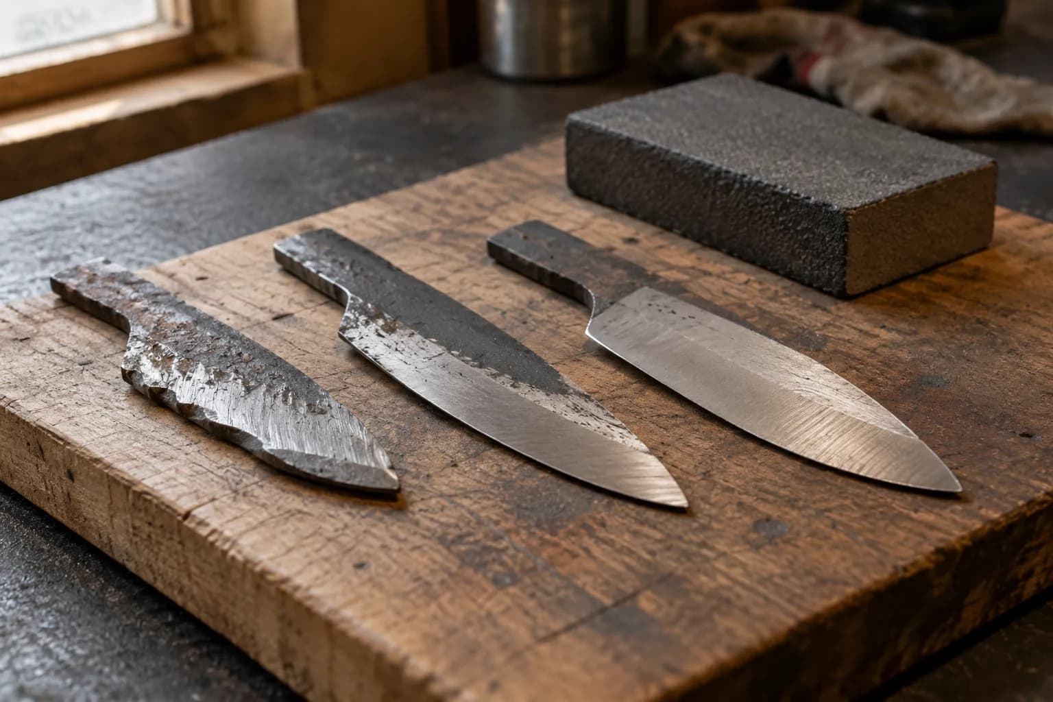 Three scrap steel practice blanks on a wooden board, bevels progressing from rough to straight, beside a sanding block.