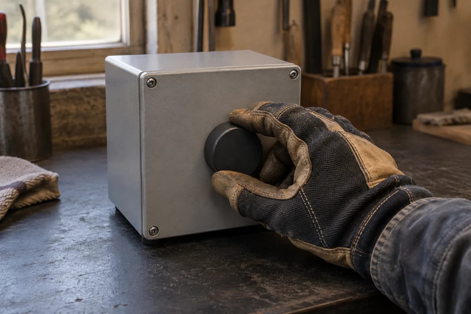 Gloved hand turning a large plain black knob on a closed gray metal control box on a shop bench.