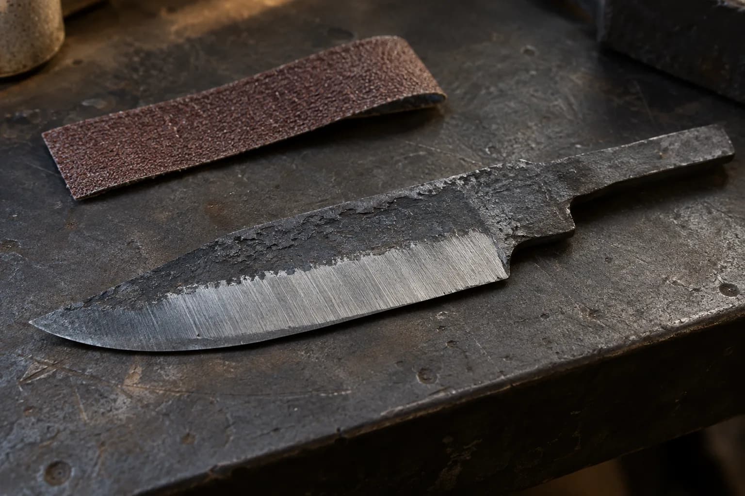 Cold forged knife blank on a steel bench with a bright ground band cutting into dark scale, beside a coarse abrasive strip.