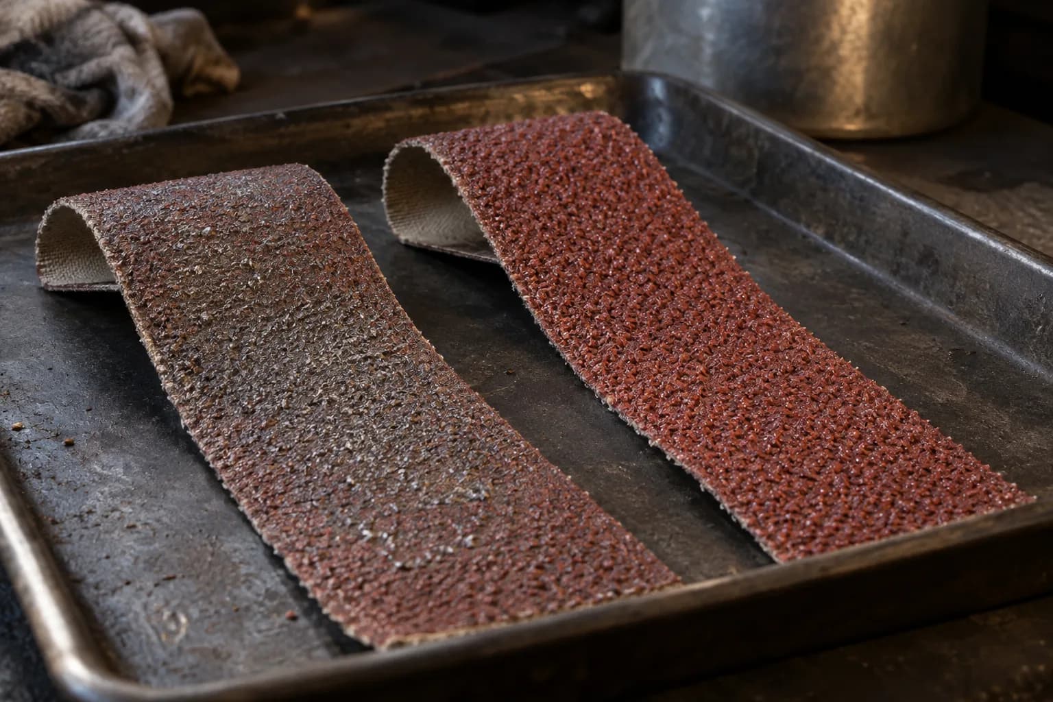 Worn, metal-loaded coarse belt section beside a fresh red angular-grain section on a dark steel tray.
