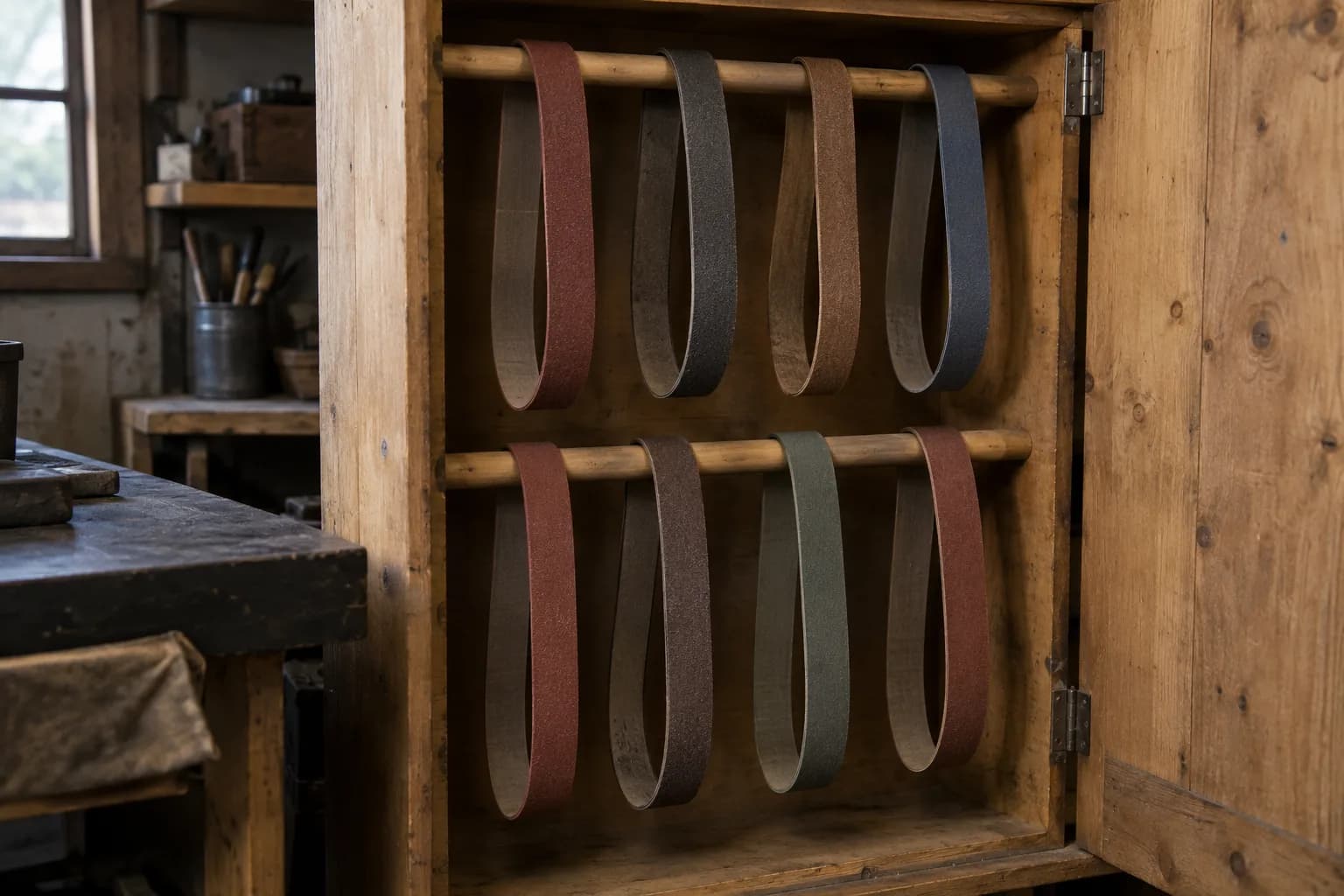 Eight plain abrasive belts hanging in loops from two wooden rods inside an open pine workshop cabinet